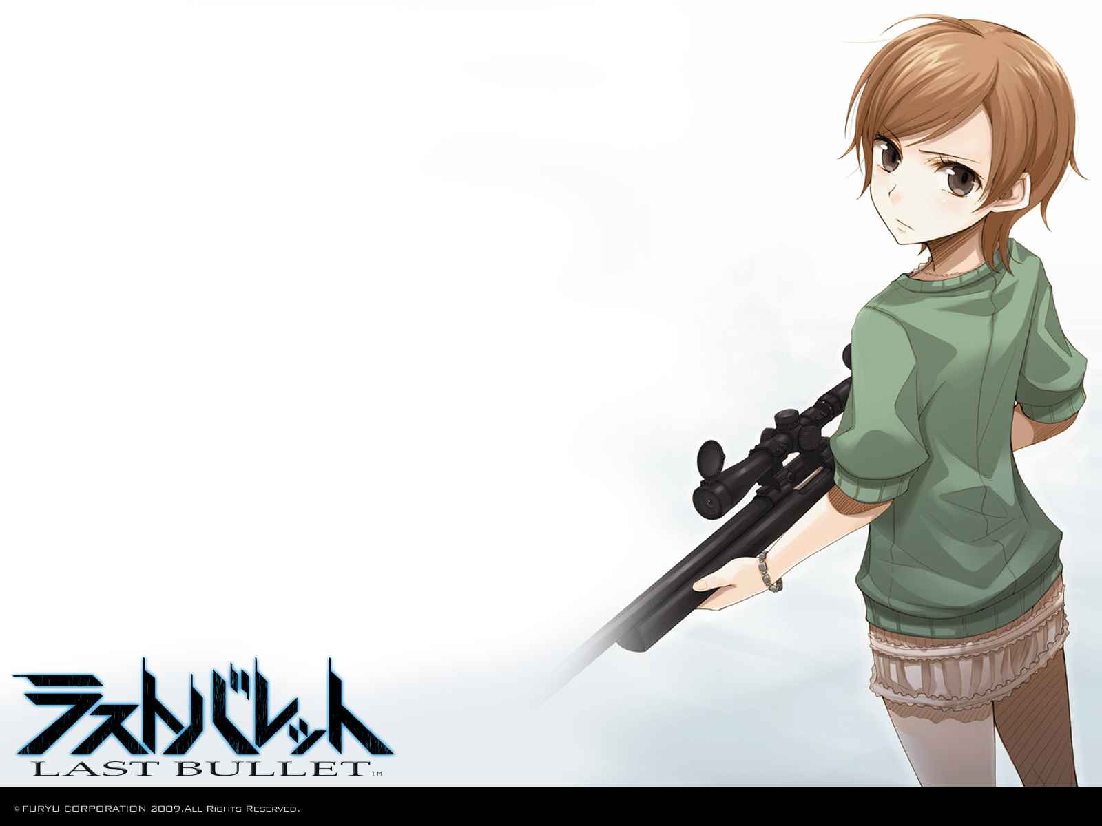 ayakura juu, hibiki karin, last bullet, highres, brown eyes, brown hair, gun, pantyhose, rifle, scope, short hair, weapon