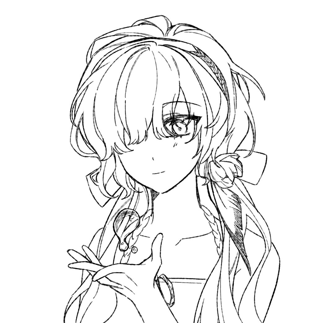 yenisei (around the riverbend) (reverse:1999), yenisei (reverse:1999), reverse:1999, 1girl, bare shoulders, closed mouth, dress, greyscale, hair over one eye, hairband, hand up, lineart, long hair, looking at viewer, low twintails, monochrome, niv cm, official alternate costume, one eye covered, sleeveless, sleeveless dress, smile, solo, spaghetti strap, twintails, upper body, water drop, white background