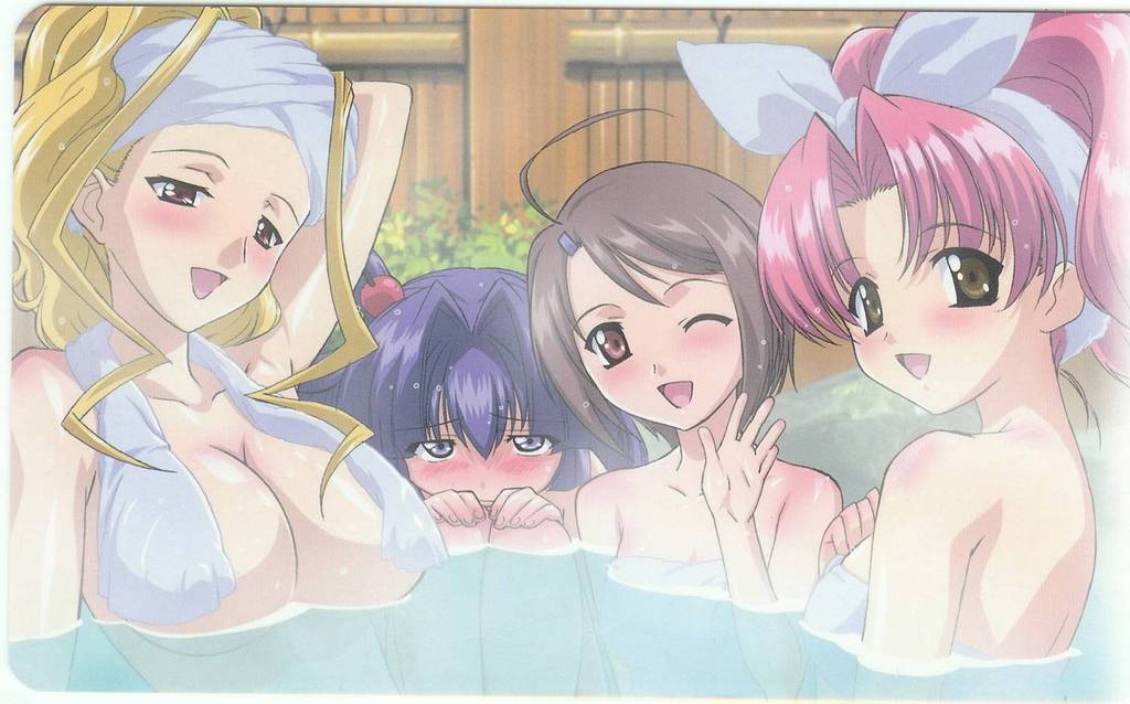 maburaho, 00s, 4girls, bath, blonde hair, blush, breasts, brown eyes, brown hair, large breasts, long hair, multiple girls, nipples, onsen, pink hair, purple hair, towel, water, wink