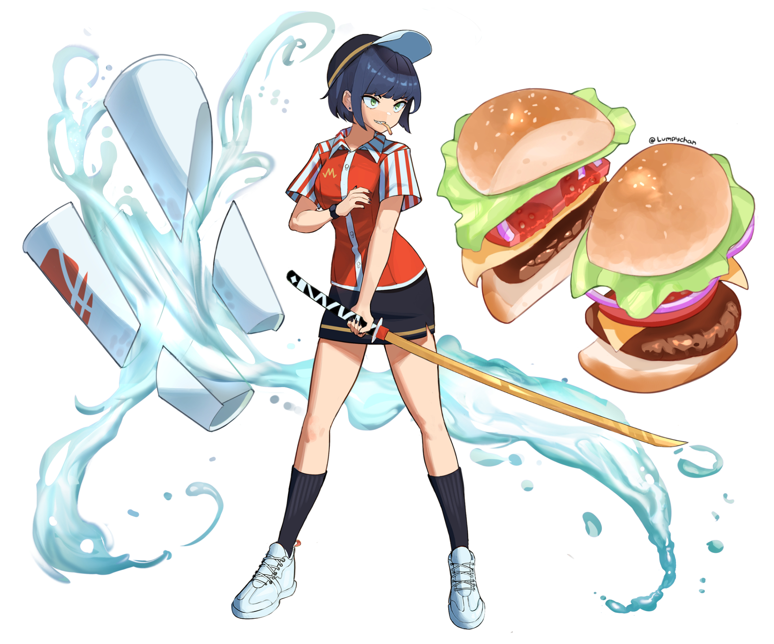 lumpychan, original, commentary, highres, 1girl, baseball cap, black hair, black nails, black socks, breasts, broken, burger, cup, disposable cup, earrings, employee uniform, food, full body, green eyes, grin, hat, holding, holding sword, holding weapon, jewelry, katana, large breasts, miniskirt, mouth hold, pencil skirt, sharp teeth, shoes, skirt, smile, sneakers, socks, solo, stud earrings, sword, teeth, twitter username, water, weapon, white shoes, wristband