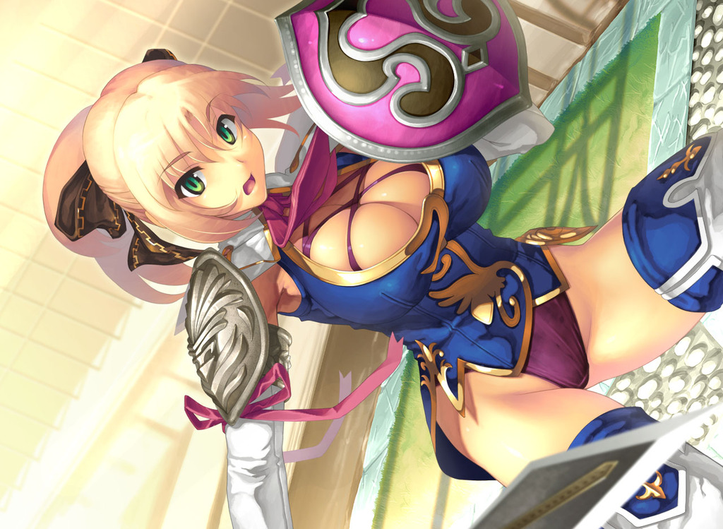 cassandra alexandra, soul calibur, soulcalibur iv, armor, blonde hair, breasts, elbow gloves, gloves, green eyes, large breasts, open mouth, shield, short hair, sitting, thighhighs