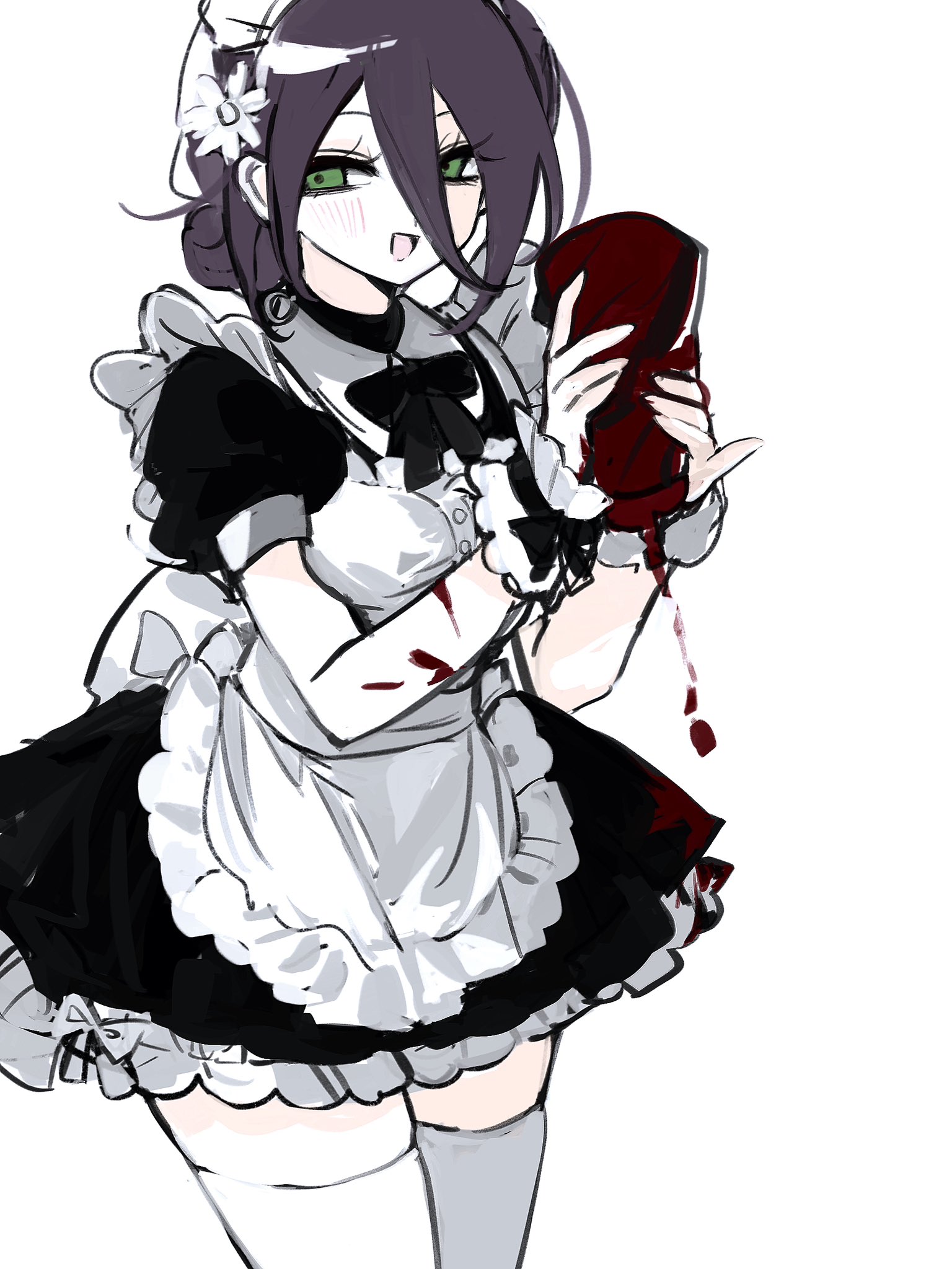 mizu1202001, reze (chainsaw man), chainsaw man, highres, 1girl, alternate costume, apron, black dress, black ribbon, bottle, dress, enmaided, green eyes, grenade pin, hair between eyes, hair bun, holding, holding bottle, ketchup, ketchup bottle, maid, maid headdress, purple hair, ribbon, simple background, solo, thighhighs, white apron, white background, white thighhighs, wrist cuffs