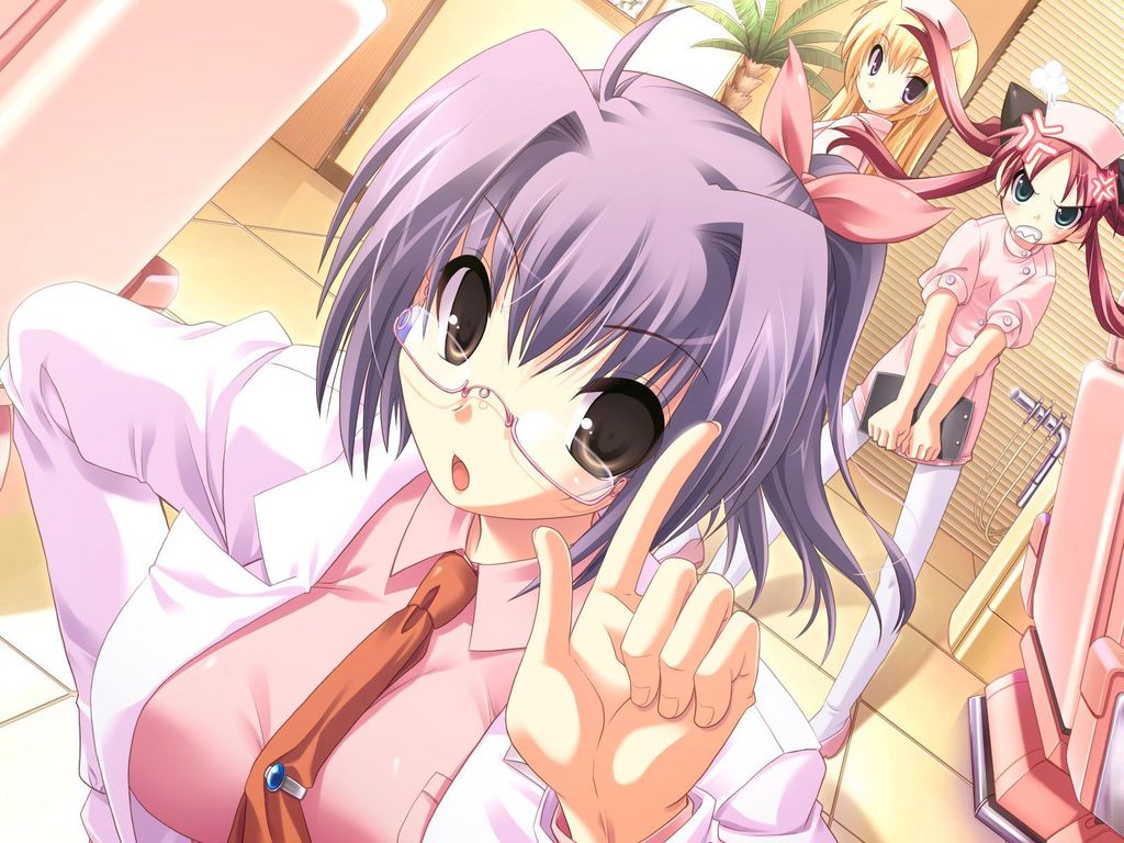 angry, bow, brown eyes, glasses, hair bow, nurse, open mouth, purple hair, short hair