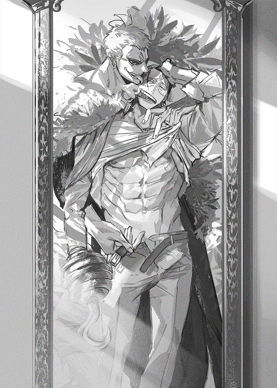 nitoera ne, crocodile (one piece), donquixote doflamingo, one piece, commentary request, highres, 2boys, abs, arm up, belt, belt buckle, buckle, cape, cigar, clothes lift, earrings, fingernails, fur-trimmed cape, fur trim, greyscale, groin, hair slicked back, hook, hook hand, jewelry, licking, licking another's face, lifting another's clothes, male focus, mirror, monochrome, multiple boys, navel, nipples, open belt, open pants, pants, parted lips, piercing, scar, scar on face, shirt lift, short hair, smoking, standing, sunglasses, teeth, tongue, tongue out, yaoi