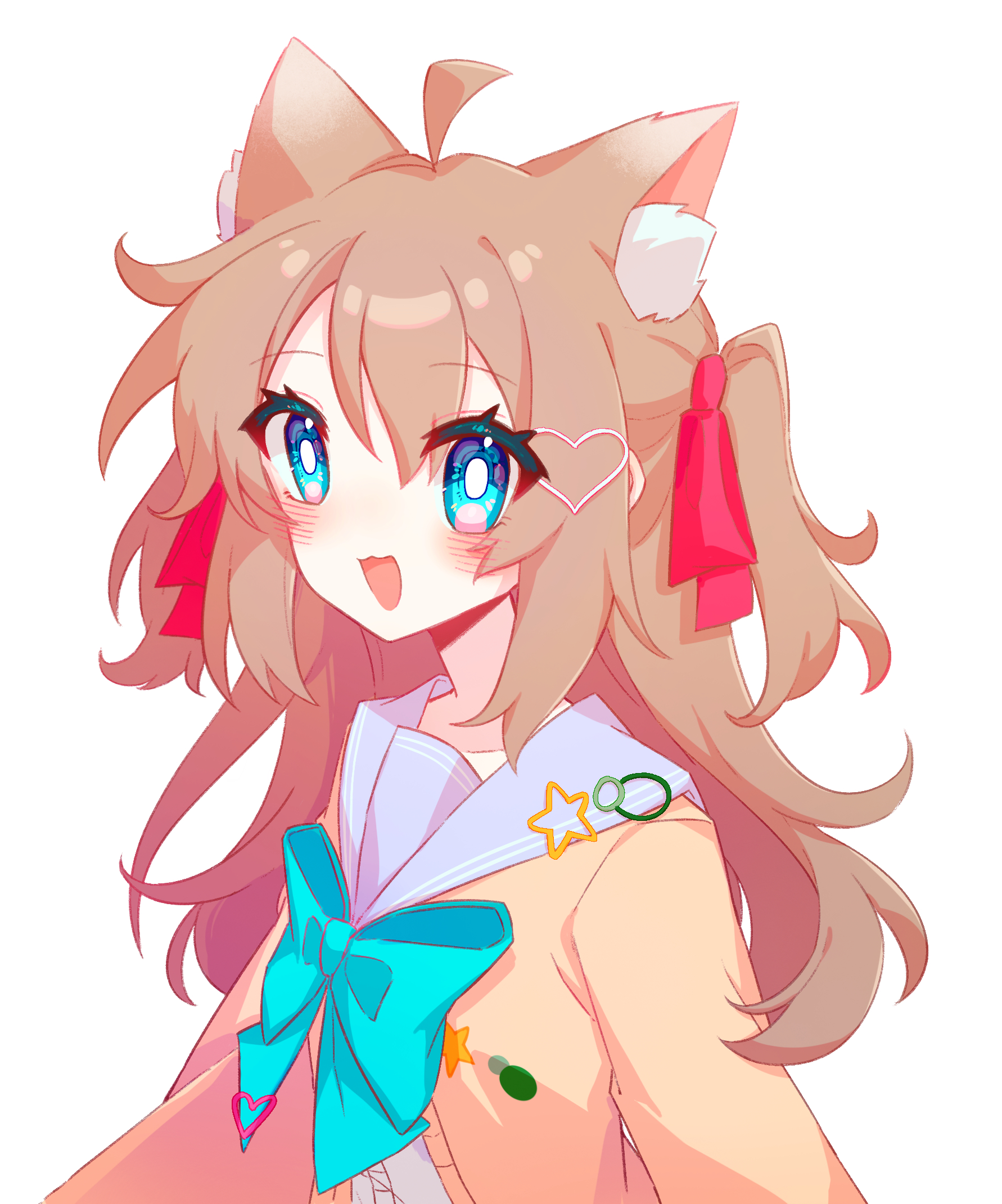 neuro-sama, commentary request, highres, 1girl, ahoge, animal ear fluff, animal ears, aqua bow, aqua bowtie, blue eyes, blue sailor collar, bow, bowtie, brown eyes, cardigan, cat ears, dress shirt, from side, hair between eyes, hair ornament, hair ribbon, heart, heart hair ornament, long hair, looking at viewer, open mouth, pink ribbon, ribbon, sailor collar, shirt, simple background, solo, upper body, user hmyv8473, vedal ai, virtual youtuber, white background, white shirt, yellow cardigan