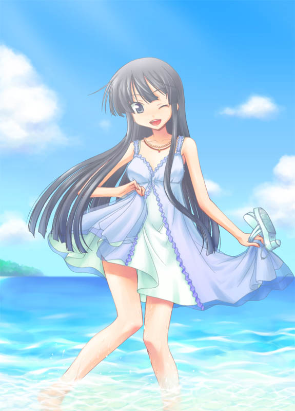kikujin, akiyama mio, k-on!, 00s, 1girl, beach, black eyes, black hair, blue theme, clothes lift, day, dress, dress lift, female focus, long hair, one eye closed, outdoors, skirt hold, sky, solo, wading, water, wink