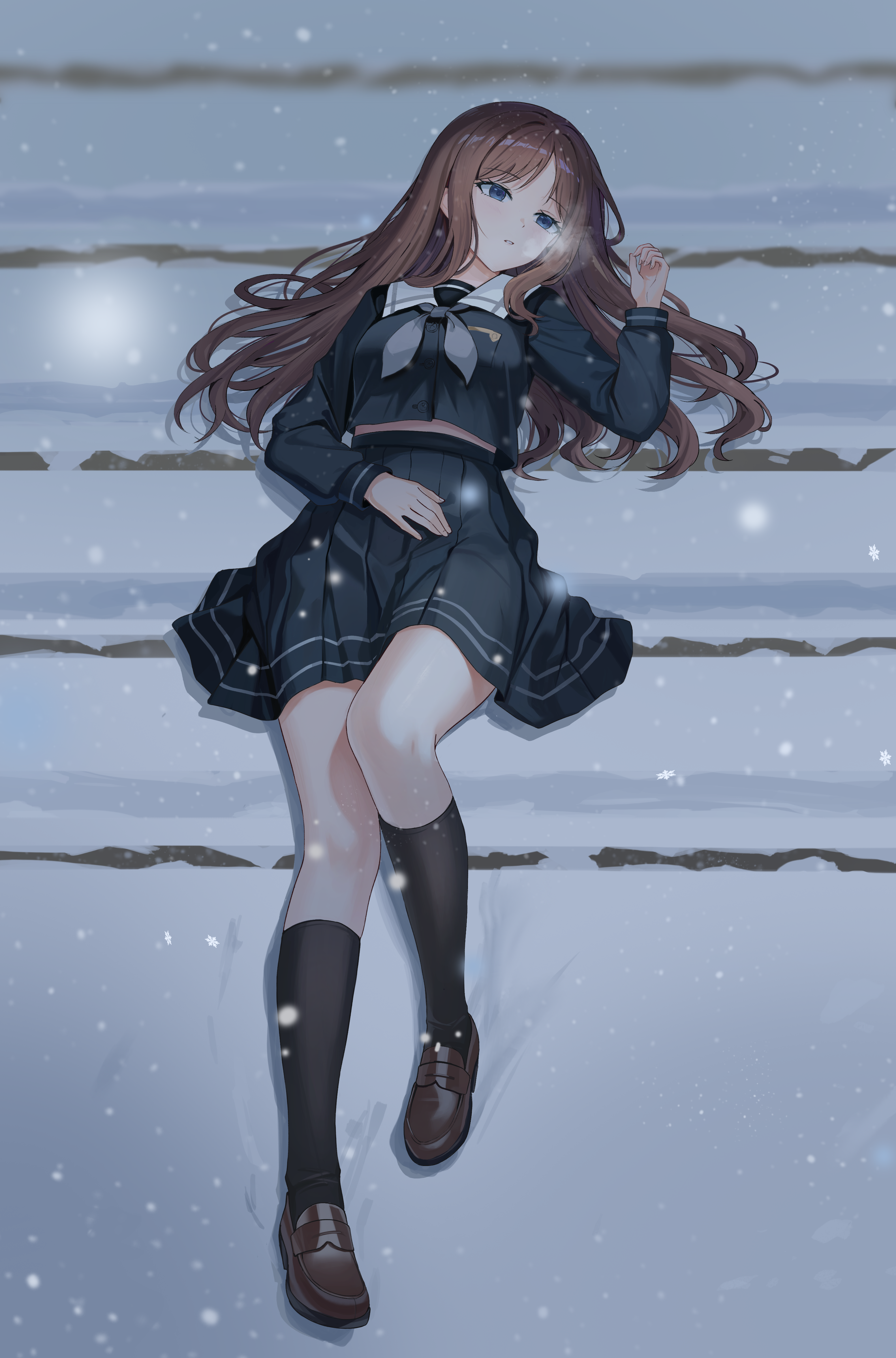 xiongji z z, nagasaki soyo, bang dream!, bang dream! it's mygo!!!!!, blade runner (series), blade runner 2049, absurdres, commentary request, highres, 1girl, black serafuku, black shirt, black skirt, black socks, blue eyes, brown hair, brown shoes, full body, goslingposting (meme), knee up, kneehighs, loafers, long hair, long sleeves, lying, meme, midriff, on back, sailor collar, scene reference, school uniform, serafuku, shirt, shoes, skirt, snowing, socks, solo, stairs, the masculine urge to slowly bleed out here (meme), tsukinomori school uniform, white sailor collar