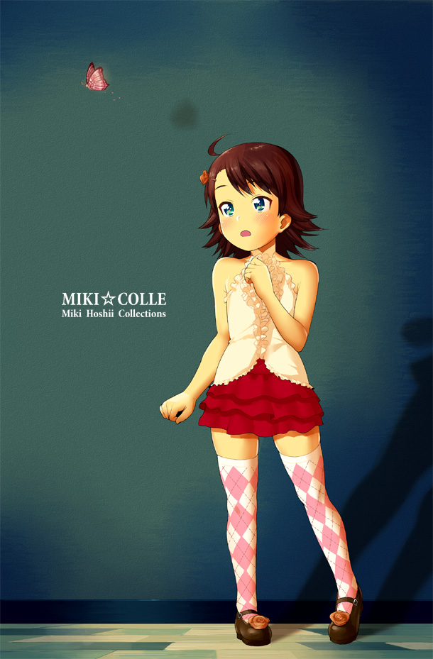 lunch (shin new), awakened miki, hoshii miki, idolmaster, idolmaster (classic), idolmaster 1, bad id, bad pixiv id, 00s, 1girl, aged down, bare shoulders, blue eyes, brown hair, bug, butterfly, female focus, indoors, insect, miniskirt, shadow, short hair, skirt, solo, thighhighs, zettai ryouiki