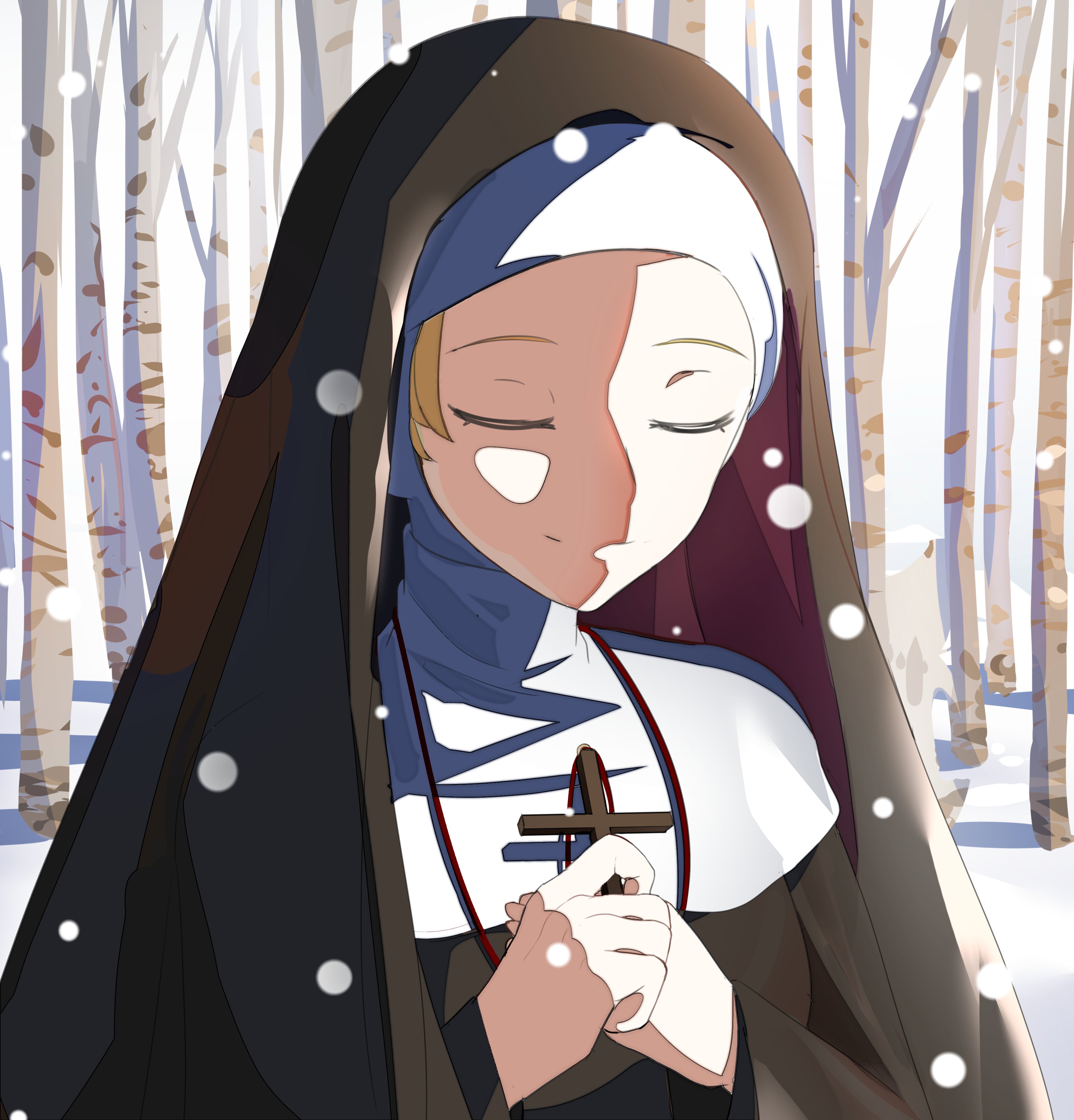 lumpychan, original, absurdres, commentary, english commentary, highres, 1girl, black dress, blonde hair, breasts, closed eyes, cross, dress, forest, holding, holding cross, medium breasts, nature, nun, smile, snow, snowing, solo, upper body