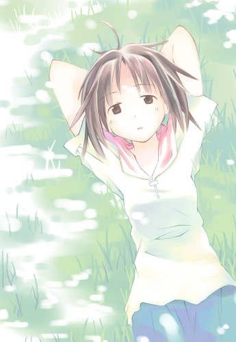 asami natsuhito, original, archived source, lowres, 1girl, arms behind back, blue skirt, breasts, brown eyes, brown hair, grass, hood, hood down, hoodie, lying, medium breasts, medium hair, on back, open mouth, pink hood, skirt, solo, upper body, white hoodie, white sleeves