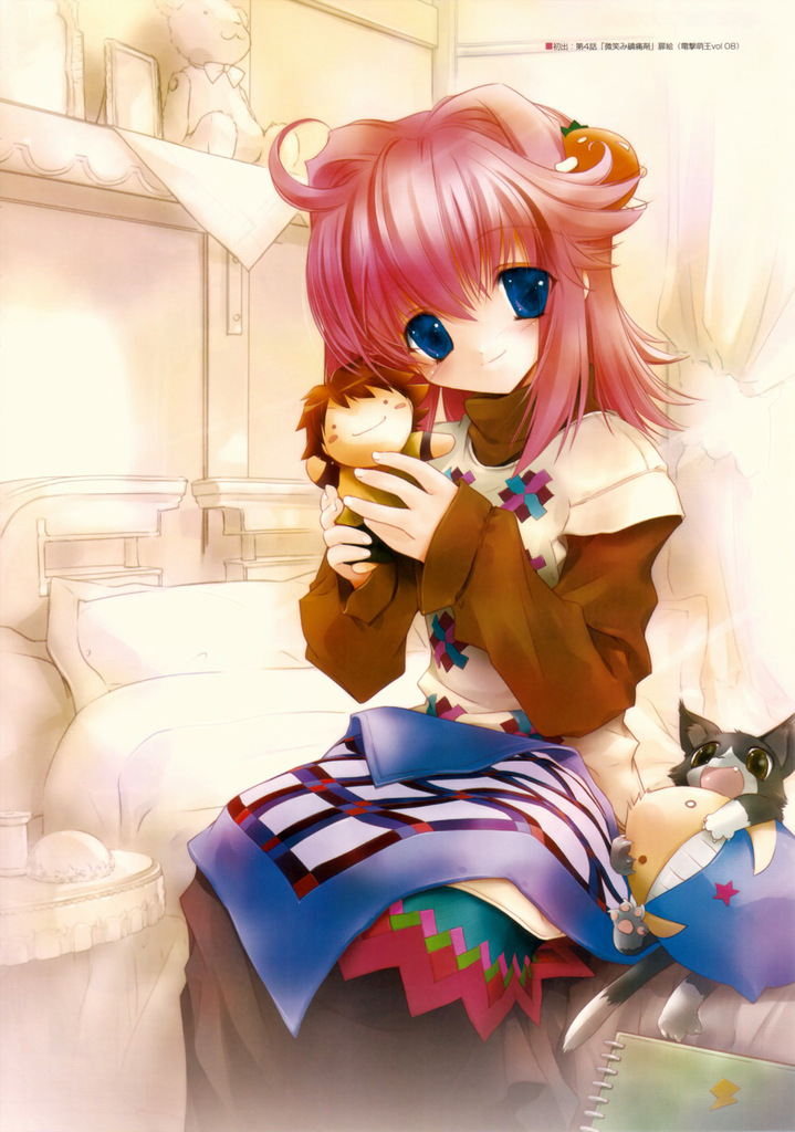 bed, bedroom, blue eyes, blush, pink hair, short hair, sitting, smile