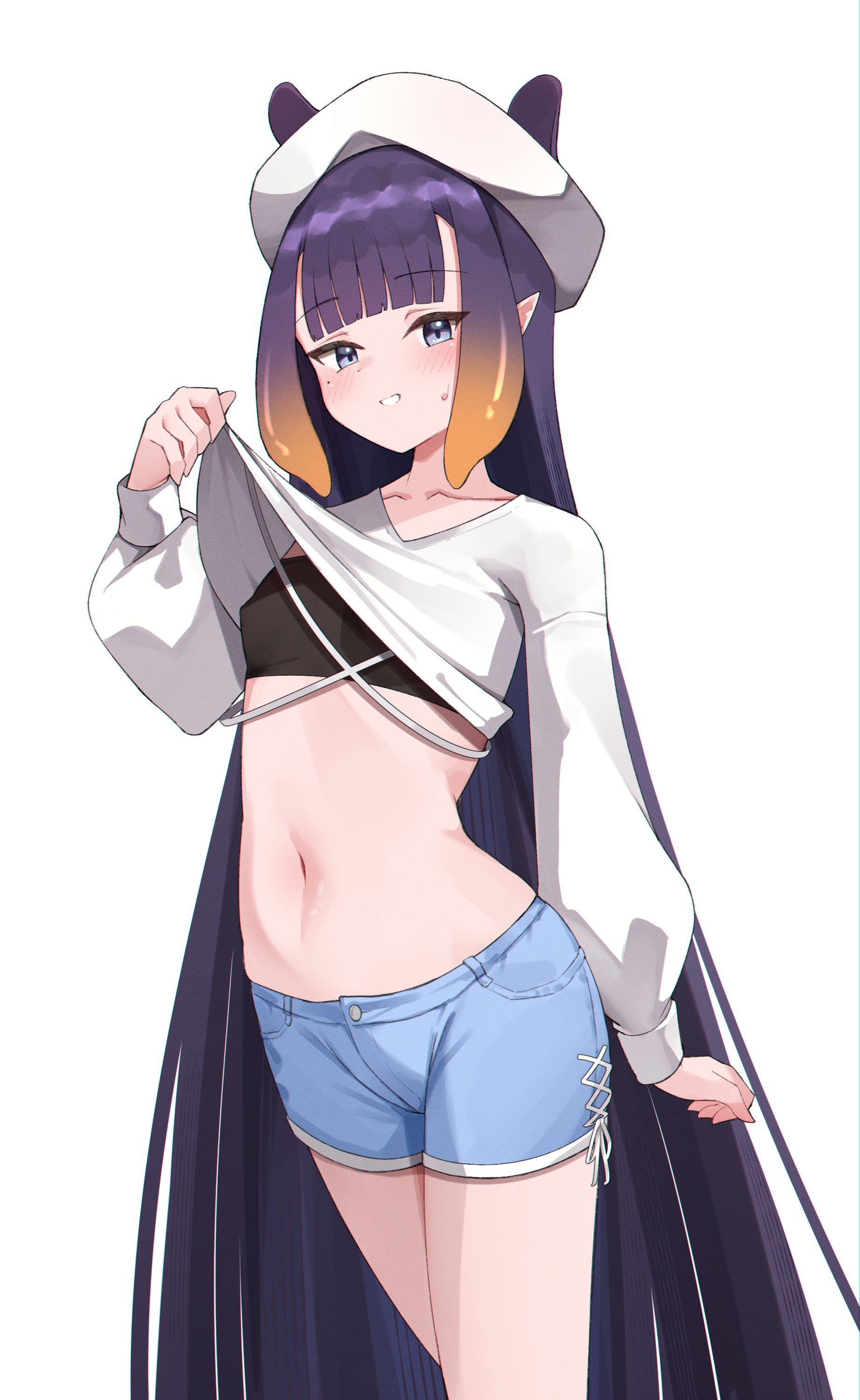 skaarl (artist), ninomae ina'nis, hololive, hololive english, absurdres, commentary, english commentary, highres, 1girl, beret, black tube top, blue eyes, blue shorts, blunt bangs, breasts, clothes lift, cropped shirt, hat, lifting own clothes, long hair, navel, orange hair, pointy ears, purple hair, shirt, shirt lift, short shorts, shorts, simple background, small breasts, solo, strapless, tentacle hair, tube top, very long hair, virtual youtuber, white background, white shirt