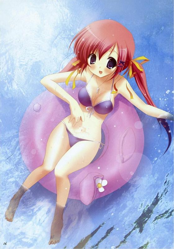 blush, bra, breasts, cleavage, hair ribbon, innertube, jewelry, lingerie, long hair, navel, necklace, red hair, ribbon, swim ring, underwear