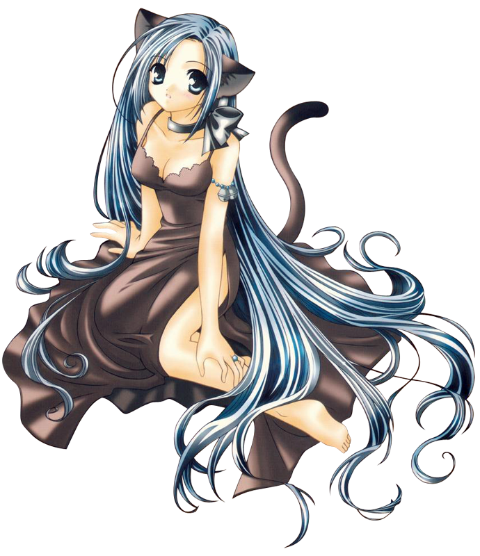 animal ears, blue eyes, blue hair, blush, breasts, cat ears, cat tail, choker, cleavage, dress, gown, hair ribbon, long hair, ribbon, tail