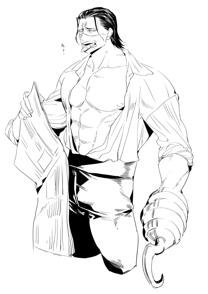 nitoera ne, crocodile (one piece), one piece, commentary request, highres, 1boy, abs, bare pectorals, cigar, collarbone, collared shirt, cropped legs, greyscale, hair slicked back, high-waist pants, holding, holding newspaper, hook, hook hand, looking to the side, male focus, monochrome, newspaper, nipples, open clothes, open mouth, open shirt, pants, pectorals, scar, scar on face, shirt, shirt tucked in, sideways glance, simple background, sleeves rolled up, solo, teeth, white background