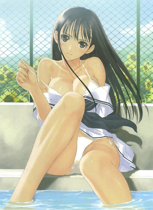 black hair, blush, bra, bra slip, breasts, brown eyes, cleavage, lingerie, long hair, pool, sitting, smile, thighhighs, underwear