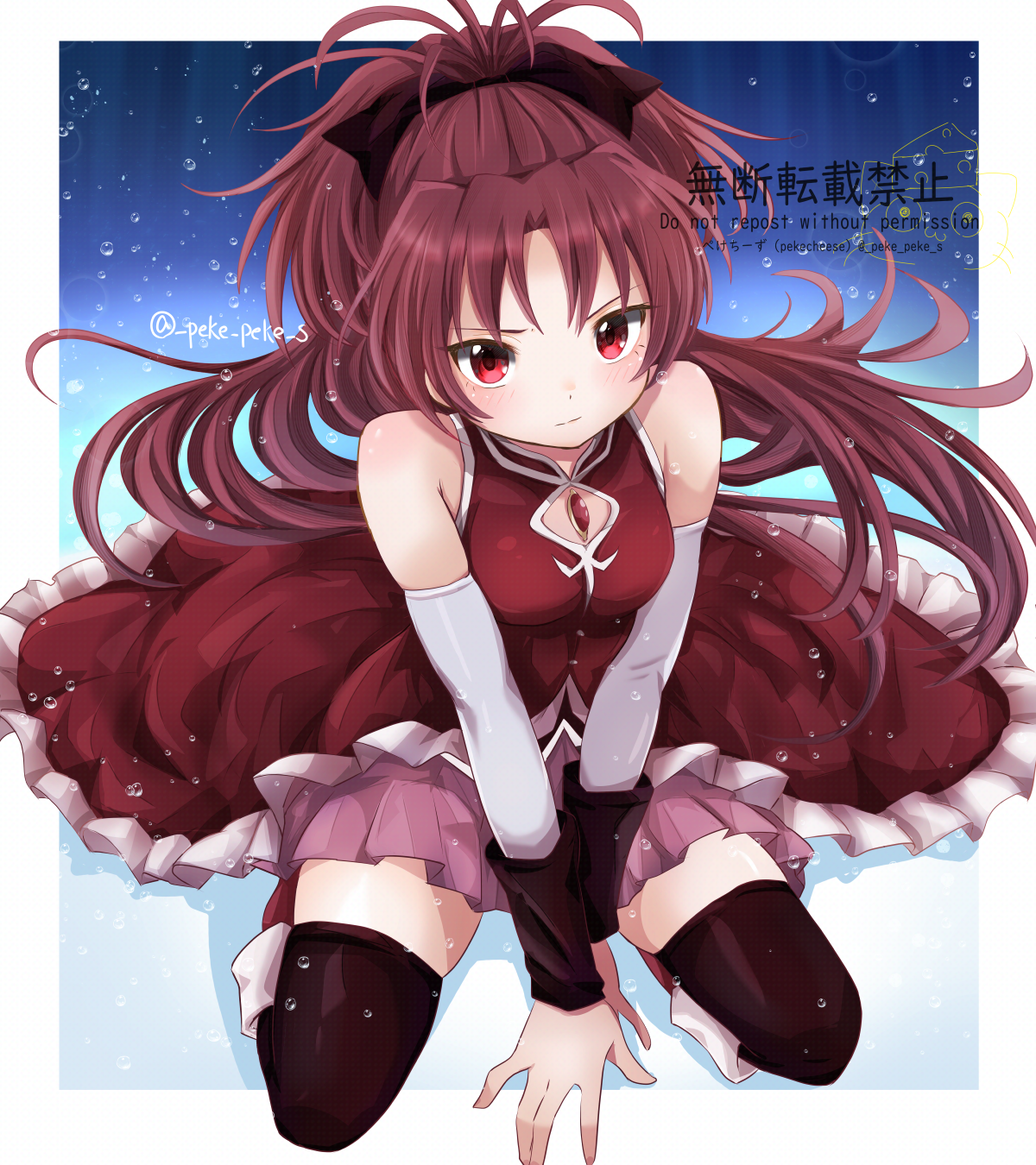 peke peke s, sakura kyoko, mahou shoujo madoka magica, mahou shoujo madoka magica (anime), highres, 1girl, bare shoulders, black bow, black thighhighs, bow, chest jewel, detached sleeves, dress, gem, hair bow, long hair, looking at viewer, magical girl, ponytail, red dress, red eyes, red hair, sitting, solo, thighhighs, twitter username, wariza