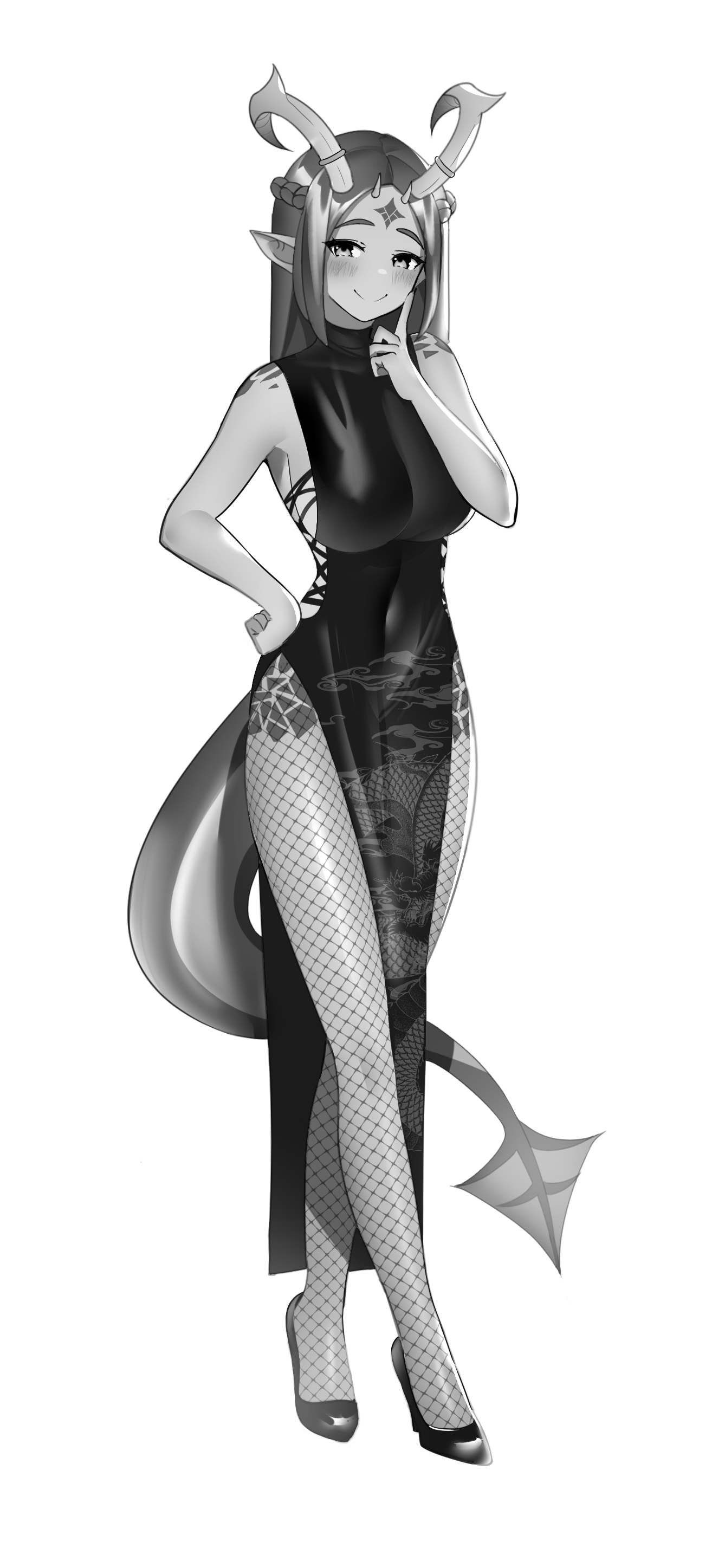lumpychan, original, absurdres, commission, highres, 1girl, braid, breasts, crown braid, demon horns, demon tail, dress, facial mark, fishnet pantyhose, fishnets, forehead mark, full body, hand on own hip, high heels, horns, large breasts, long dress, pantyhose, pointy ears, shoulder tattoo, side slit, sideboob, solo, tail, tattoo, turtleneck, turtleneck dress
