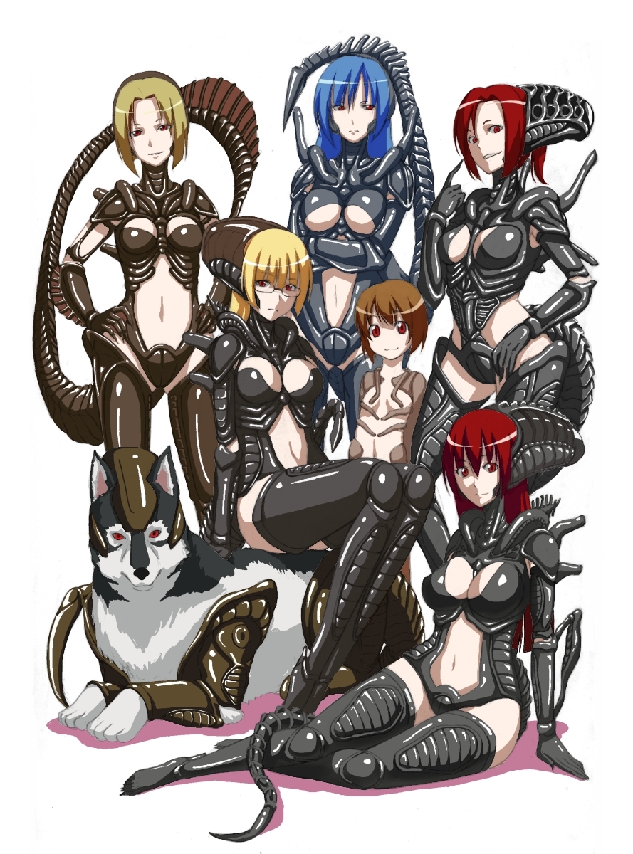 edo tatsuki, facehugger, xenomorph, alien (1979), alien (series), aliens (1986), black legwear, light brown hair, highres, 6+girls, age difference, alien, armor, black gloves, blonde hair, blue hair, bob cut, boots, breasts, brown hair, carapace, claws, cleavage, cleavage cutout, clothing cutout, colored sclera, cosplay, costume, crossed arms, curvy, dog, elbow gloves, finger to mouth, flat chest, frown, glasses, gloves, grin, hair between eyes, hand on own hip, hands on own hips, helmet, index finger raised, large breasts, leotard, light smile, long hair, looking at viewer, midriff, multiple girls, navel, navel cutout, parted bangs, pauldrons, personification, red eyes, red hair, red sclera, shadow, short hair, shoulder armor, side cutout, simple background, sitting, smile, tail, thigh boots, thighhighs, turtleneck, underboob, vambraces, white background, wide hips, yokozuwari, zettai ryouiki