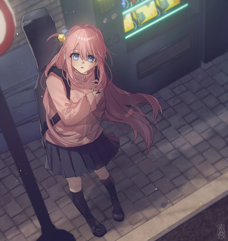 soha blan, gotoh hitori, bocchi the rock!, commentary, 1girl, black shoes, black skirt, black socks, blue eyes, brick, cube hair ornament, floating hair, from above, full body, guitar case, hair ornament, hands up, instrument case, jacket, long hair, long sleeves, looking at viewer, looking up, outdoors, parted lips, pink hair, pink jacket, pleated skirt, shoes, sidewalk, skirt, socks, solo, standing, sweat, track jacket, vending machine, very long hair, watermark