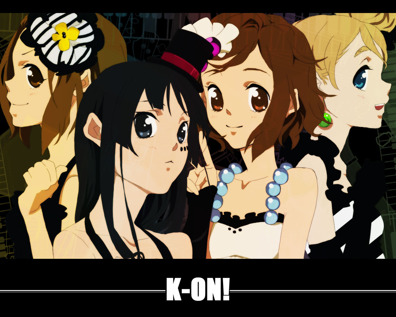 kurage (huwahuwaru n), akiyama mio, hirasawa yui, kotobuki tsumugi, tainaka ritsu, don't say "lazy", k-on!, bad id, bad pixiv id, 00s, 4girls, black eyes, black hair, blonde hair, brown eyes, brown hair, facepaint, hat, ho-kago tea time, long hair, mini hat, mini top hat, multiple girls, short hair, top hat