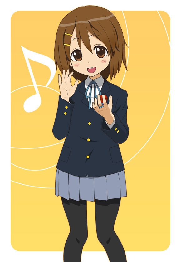 yaguchi kairo, hirasawa yui, k-on!, 00s, 1girl, brown eyes, brown hair, castanets, female focus, hair ornament, hairclip, instrument, musical note, pantyhose, school uniform, short hair, solo