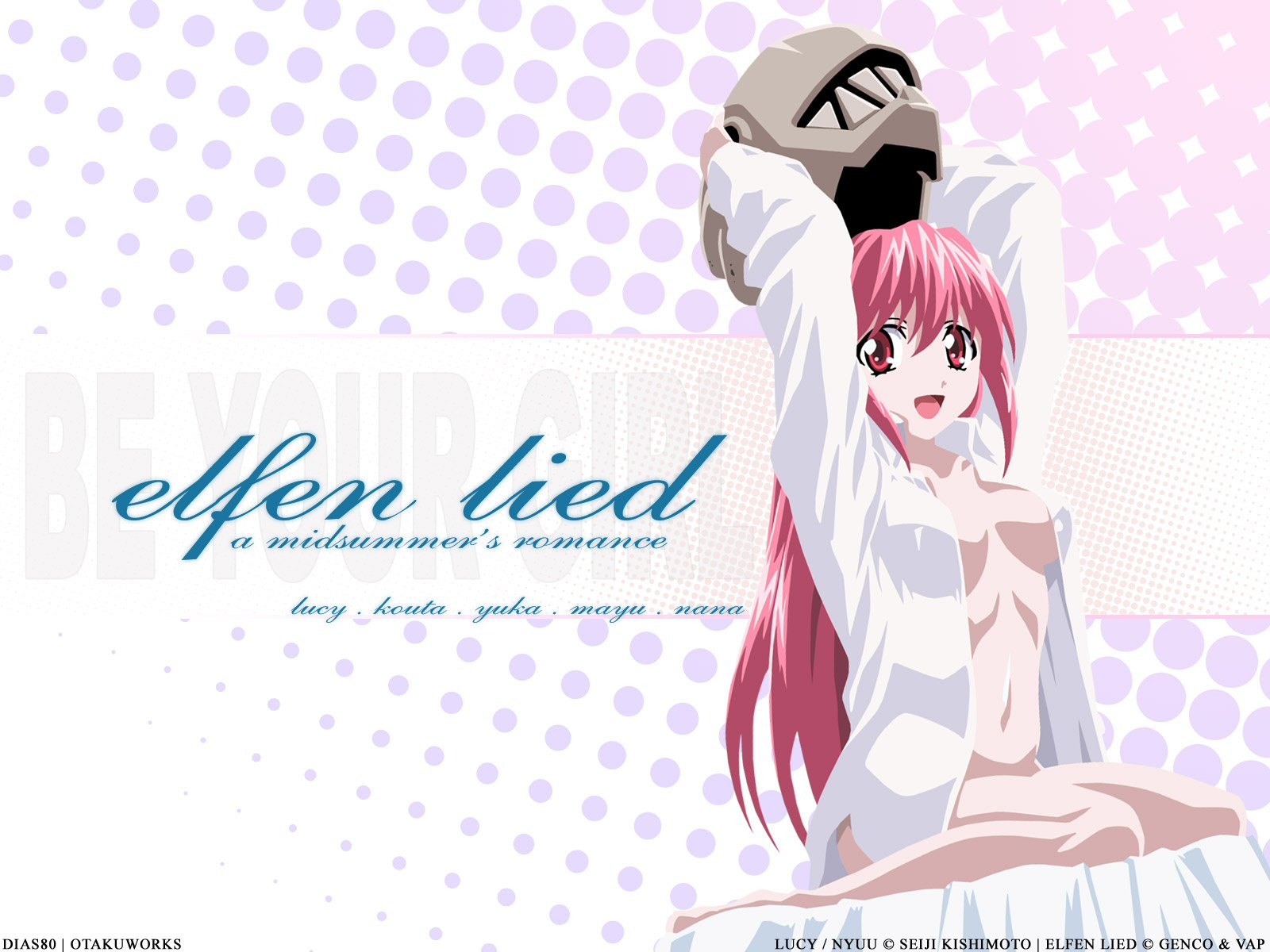 kishimoto seiji, lucy (elfen lied), nyuu, elfen lied, highres, 00s, 1girl, arms up, barefoot, bottomless, feet, female focus, helmet, long hair, navel, no bra, no panties, open clothes, open shirt, pink eyes, pink hair, red eyes, shirt, sitting, solo, white shirt