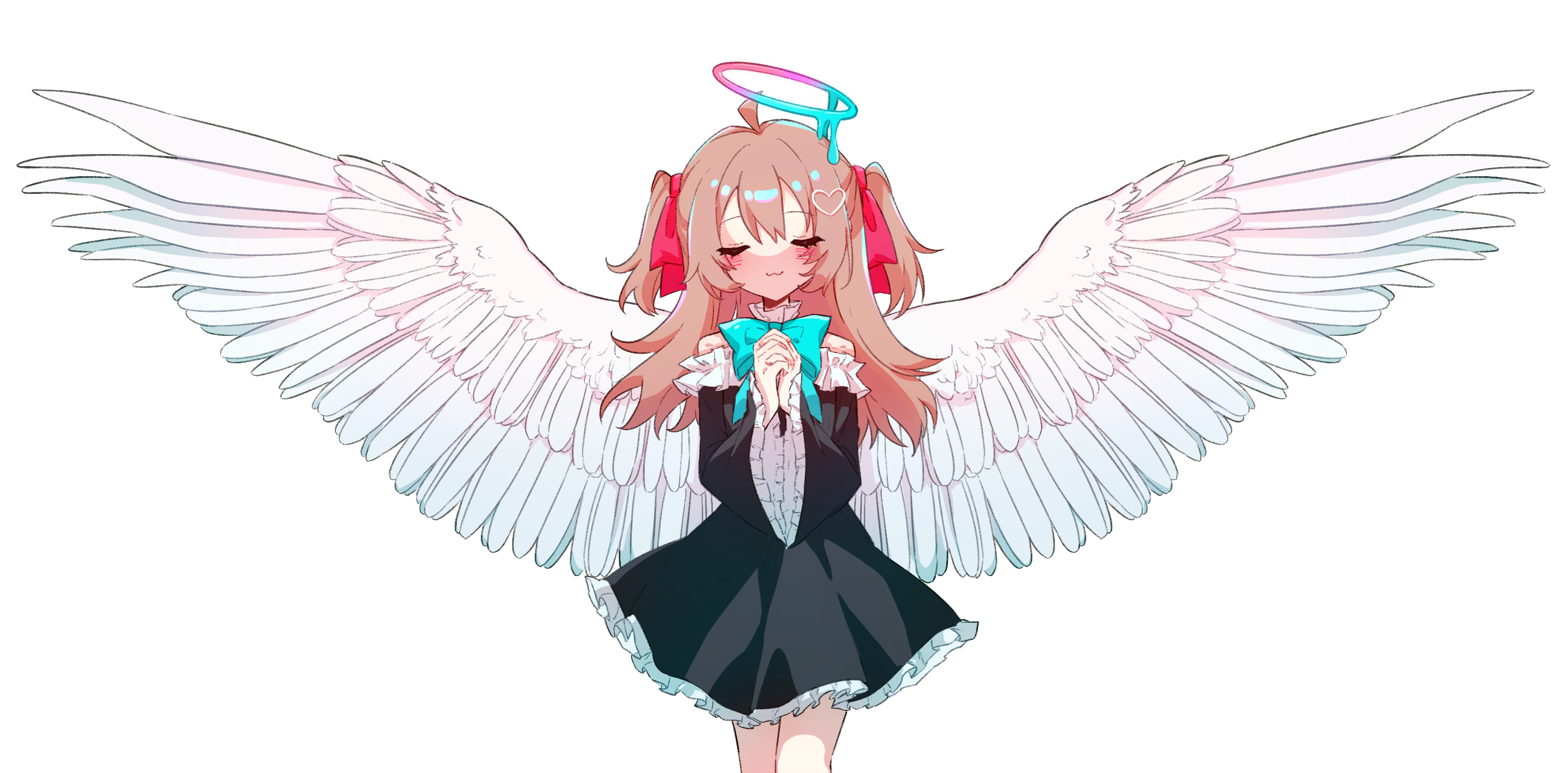 neuro-sama, absurdres, highres, 1girl, ahoge, aqua bow, aqua bowtie, bare shoulders, black dress, bow, bowtie, brown hair, closed eyes, closed mouth, cowboy shot, dress, hair ribbon, halo, long hair, long sleeves, oversized wings, own hands clasped, own hands together, palms together, pink ribbon, praying, ribbon, short dress, solo, two side up, user hmyv8473, vedal ai, virtual youtuber, white wings, wide sleeves, wings