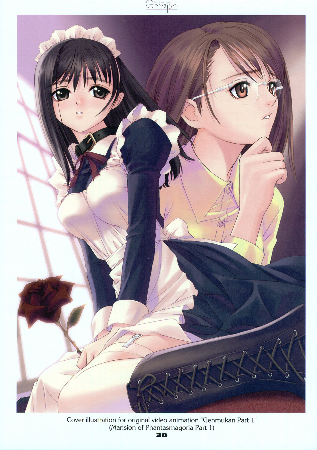 tony taka, nakayama mei, watase nozomi, genmukan, highres, 00s, 2girls, black eyes, black hair, blush, boots, brown eyes, brown hair, collar, flower, garter belt, garter straps, glasses, long hair, maid, maid headdress, multiple girls, ribbon, rose, thighhighs