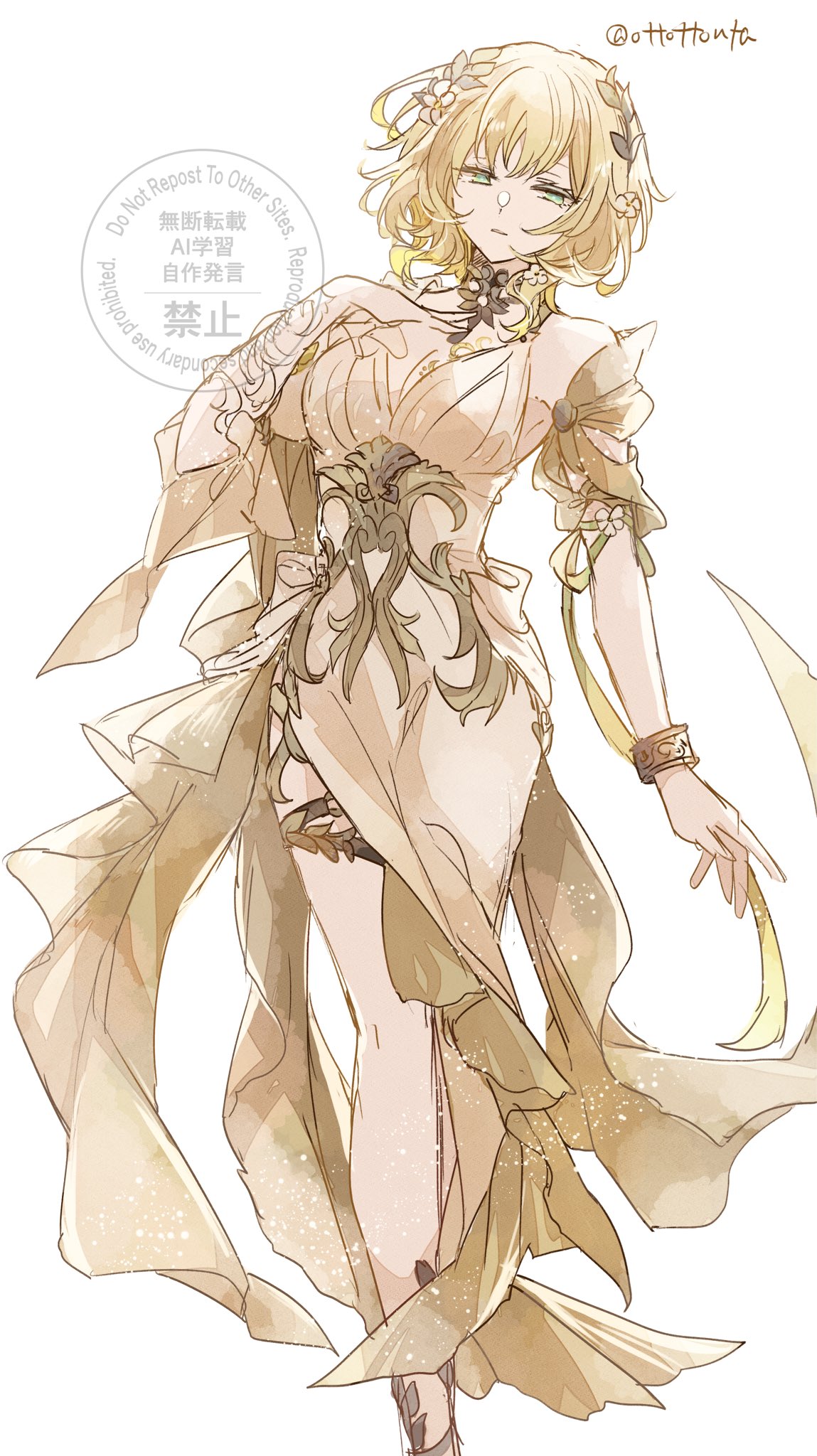 ottottouta, aglaea (honkai: star rail), honkai: star rail, honkai (series), commentary, highres, symbol-only commentary, 1girl, ancient greek clothes, breast tattoo, dress, gold tattoo, greco-roman clothes, laurel crown, solo, tattoo, twitter username, white background, white dress