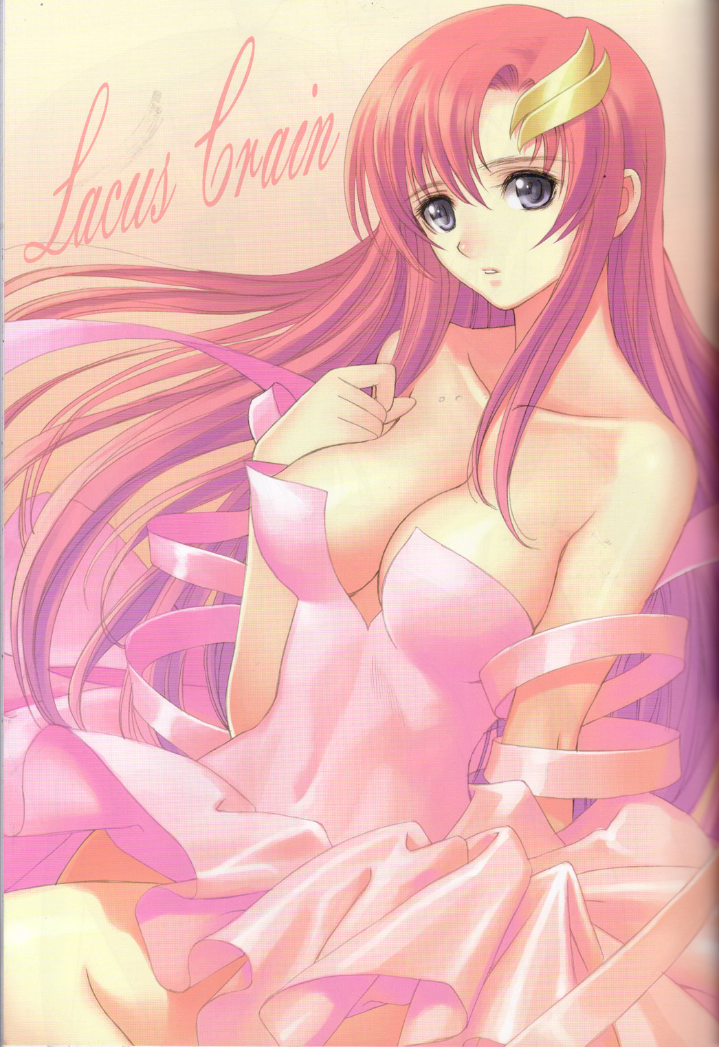 tony taka, lacus clyne, gundam, gundam seed, highres, scan, 00s, 1girl, bare shoulders, breasts, cleavage, dress, female focus, hair ornament, large breasts, long hair, pink dress, pink hair, purple eyes, red hair, ribbon, solo, strapless, strapless dress