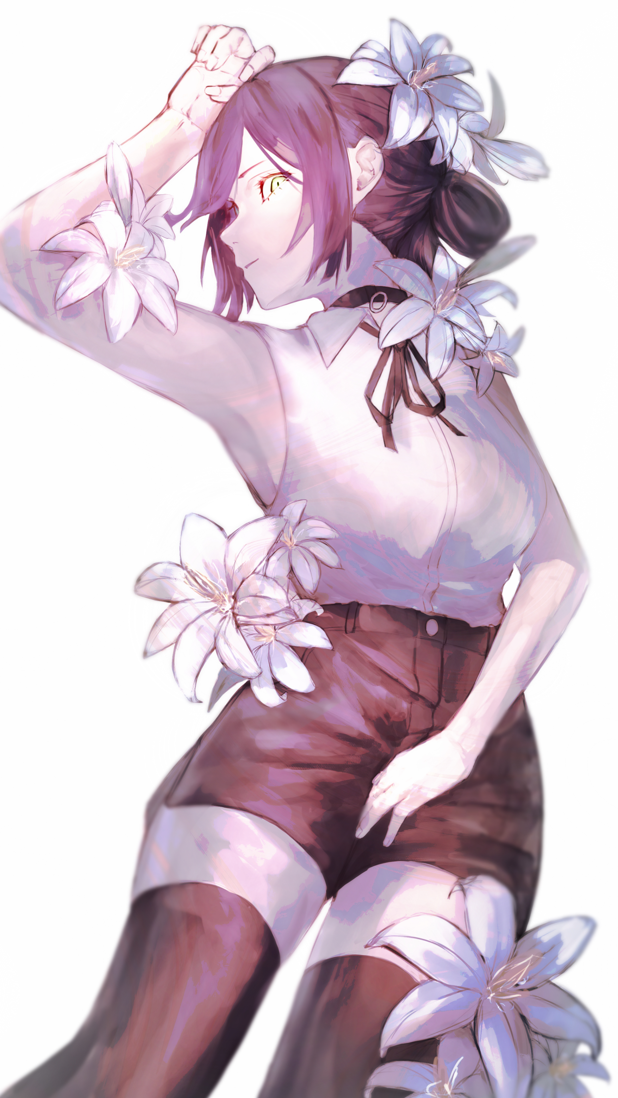 kei ayada, reze (chainsaw man), chainsaw man, absurdres, highres, 1girl, black choker, black ribbon, black shorts, black thighhighs, choker, closed mouth, flower, green eyes, grenade pin, hair bun, neck ribbon, purple hair, ribbon, shirt, shirt tucked in, shorts, simple background, sleeveless, sleeveless shirt, solo, thighhighs, white background, white flower, white shirt