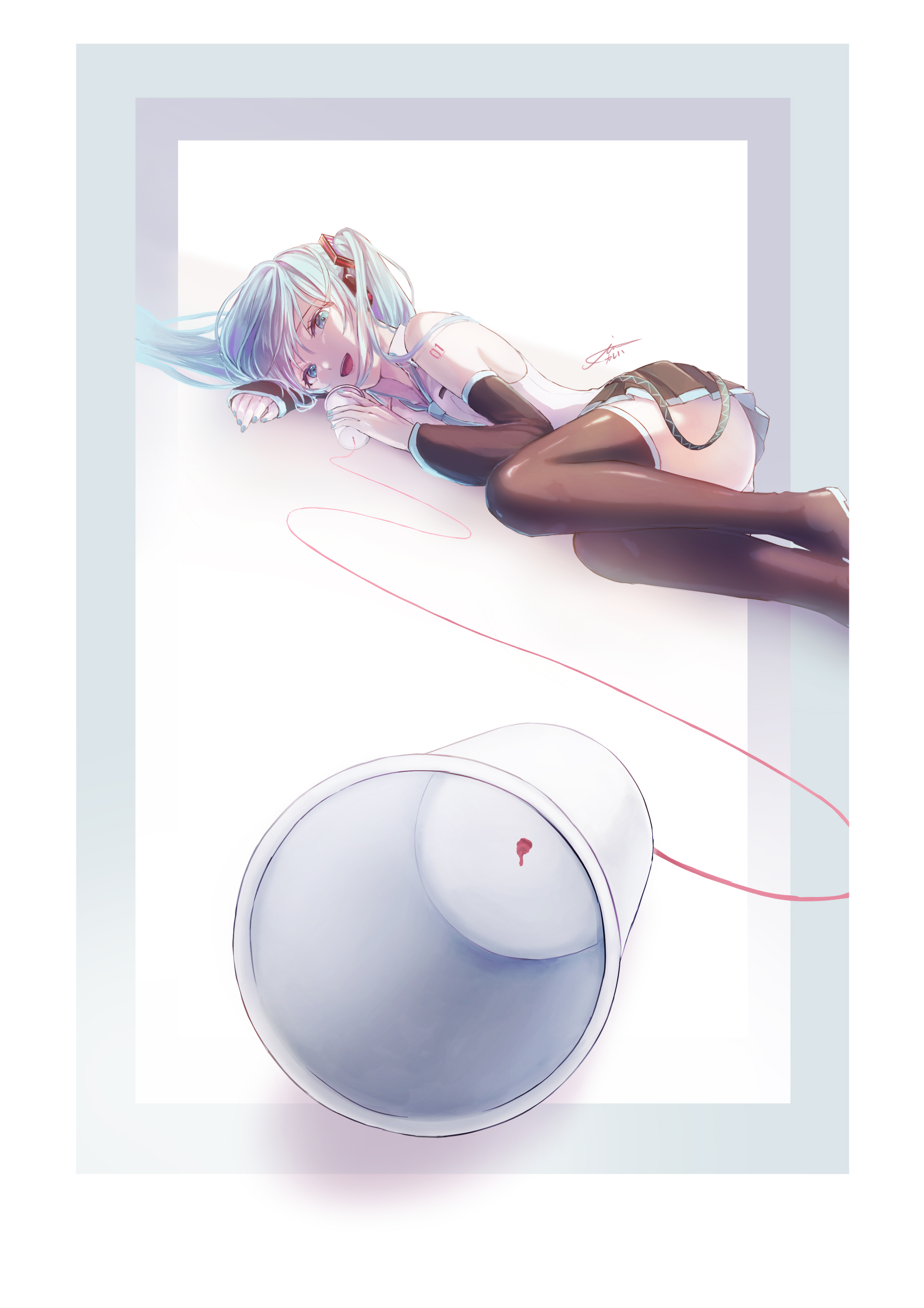 krw iu000, hatsune miku, vocaloid, absurdres, highres, 1girl, aqua eyes, aqua hair, aqua nails, aqua necktie, aqua trim, bare shoulders, black boots, black skirt, black sleeves, boots, collared shirt, cup, detached sleeves, feet out of frame, long hair, lying, nail polish, necktie, number tattoo, on side, open mouth, pleated skirt, shirt, shoulder tattoo, skirt, sleeveless, sleeveless shirt, smile, solo, tattoo, thigh boots, thighhighs, twintails, white shirt, zettai ryouiki