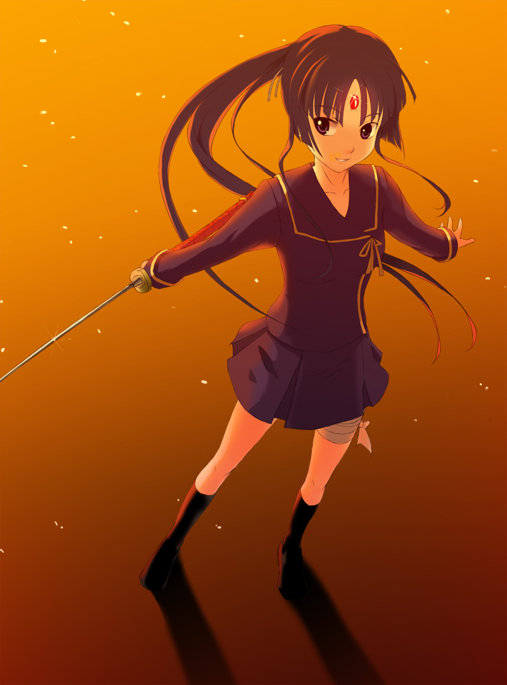 mizuki (mizuki ame), isayama yomi, ga-rei, ga-rei zero, 00s, 1girl, bandages, black hair, female focus, katana, long hair, ponytail, purple eyes, school uniform, serafuku, skirt, smile, socks, solo, sword, weapon