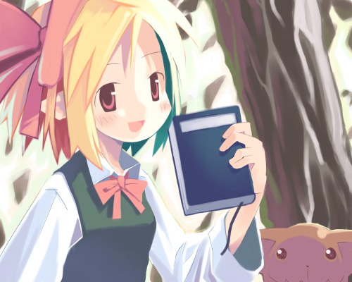 asami natsuhito, mr. smith, original, archived source, commentary, english commentary, lowres, :d, analogous colors, blonde hair, blush, book, bookmark, bow, bowtie, brown eyes, collared shirt, doll, green sweater vest, harada takehito (style), holding, holding book, long sleeves, looking at viewer, no sclera, open mouth, red bow, red bowtie, red eyes, shirt, short hair, sleeve cuffs, smile, solid eyes, sophy, sweater vest, tongue, tree, white sleeves, wide sleeves, wing collar
