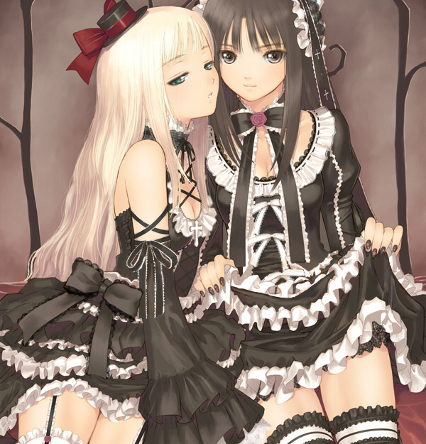 2girls, blonde hair, breasts, brown eyes, brown hair, cleavage, frills, green eyes, lace, long hair, multiple girls, thighhighs