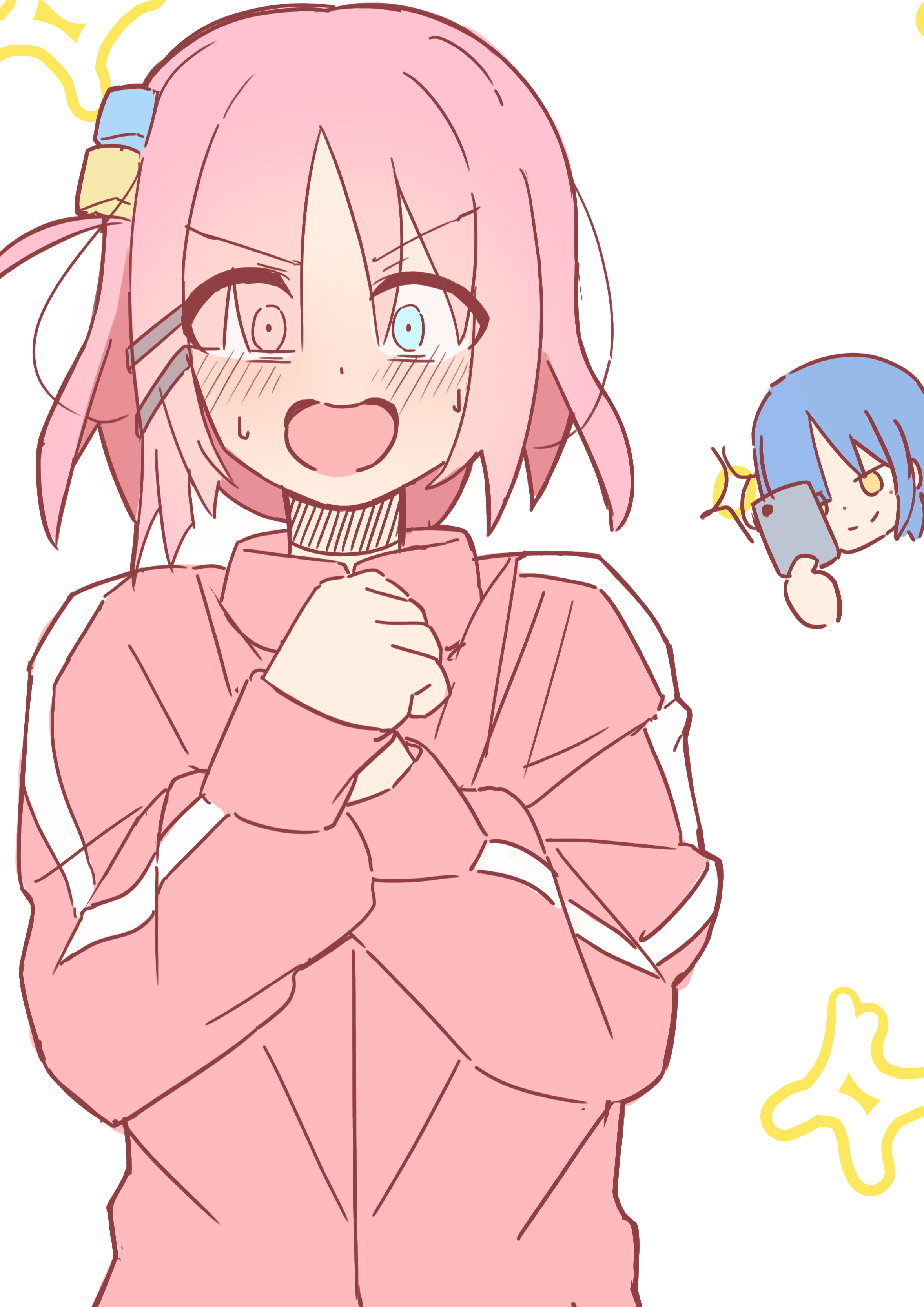 nuuji nuge, gotoh hitori, yamada ryo, bocchi the rock!, absurdres, commentary request, highres, 2girls, alternate hair length, alternate hairstyle, blue eyes, blush, hair ornament, hair over one eye, hairclip, hands up, jacket, long bangs, long sleeves, multiple girls, one eye closed, open mouth, parallel hairclips, parted bangs, pink hair, pink jacket, short hair, simple background, sketch, solo focus, sweat, taking picture, track jacket, v-shaped eyebrows, white background