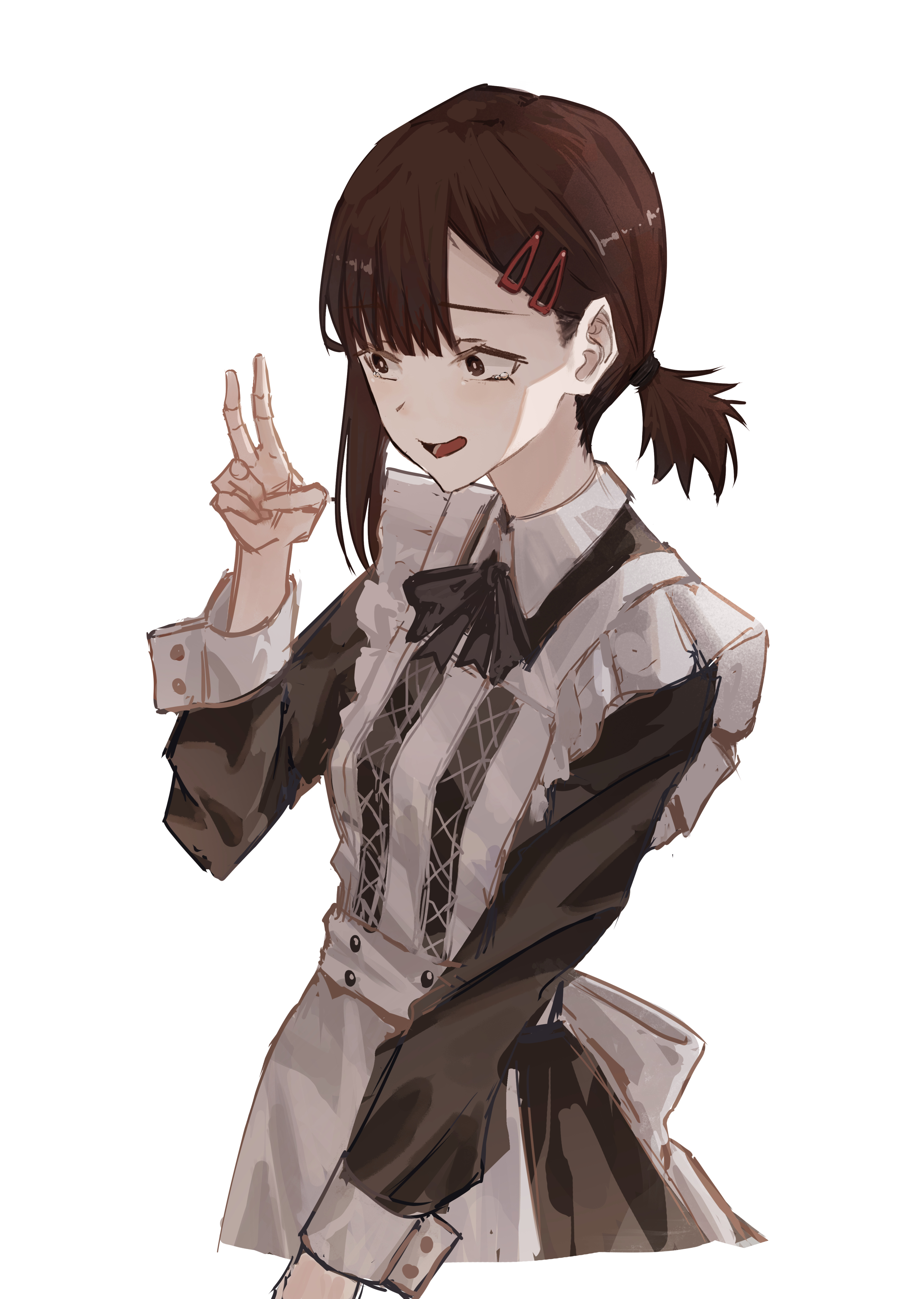 cokei, higashiyama kobeni, chainsaw man, absurdres, highres, 1girl, alternate costume, apron, black bow, black bowtie, black dress, bow, bowtie, brown eyes, brown hair, dress, enmaided, hair ornament, hairclip, maid, open mouth, simple background, solo, v, white apron, white background