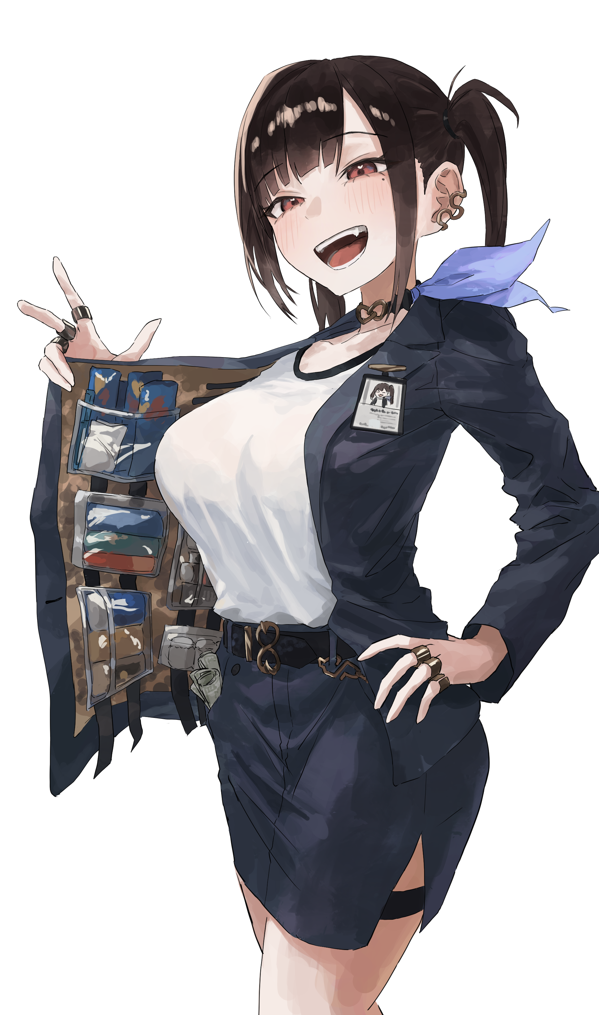 muginosa, sora (nikke), goddess of victory: nikke, absurdres, highres, 1girl, black choker, black hair, black jacket, black skirt, breasts, brown eyes, choker, collarbone, contraband, earrings, fang, hand on own hip, id card, jacket, jewelry, large breasts, open clothes, open jacket, open mouth, opened by self, pencil skirt, ponytail, ring, shirt, simple background, skirt, snake earrings, solo, thigh strap, white shirt