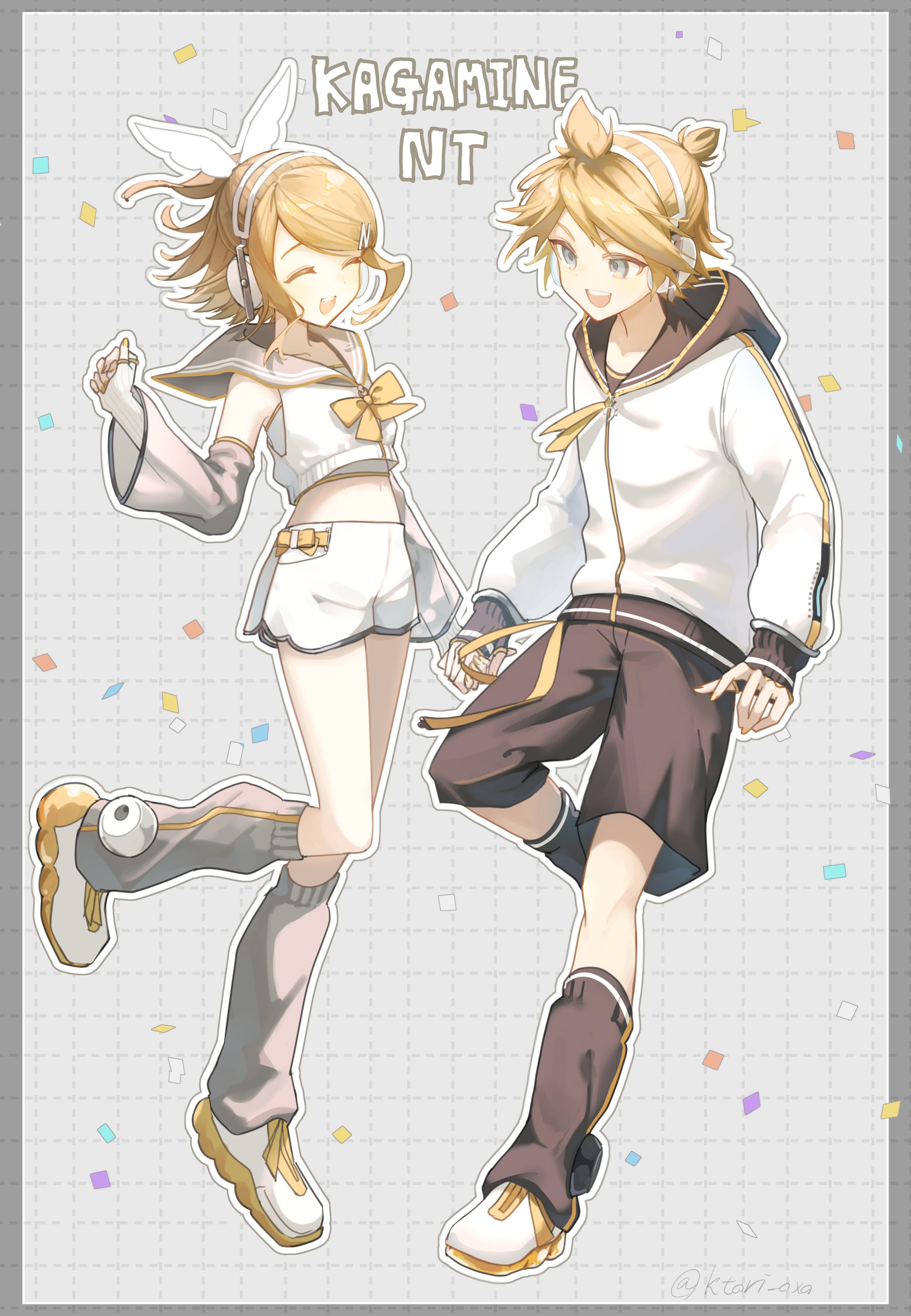 ktori, kagamine len, kagamine rin, vocaloid, absurdres, highres, 1boy, 1girl, black sailor collar, black shorts, black socks, blonde hair, bow, bowtie, breasts, closed eyes, confetti, crop top, detached sleeves, full body, grey background, grey eyes, grey sailor collar, grey sleeves, grey socks, grid background, hair ornament, hair ribbon, hairclip, headphones, holding hands, hood, hood down, hooded jacket, jacket, looking at another, loose socks, midriff, open mouth, ponytail, ribbon, sailor collar, shoes, short hair, short ponytail, shorts, small breasts, smile, socks, swept bangs, white jacket, white ribbon, white shoes, yellow bow, yellow bowtie