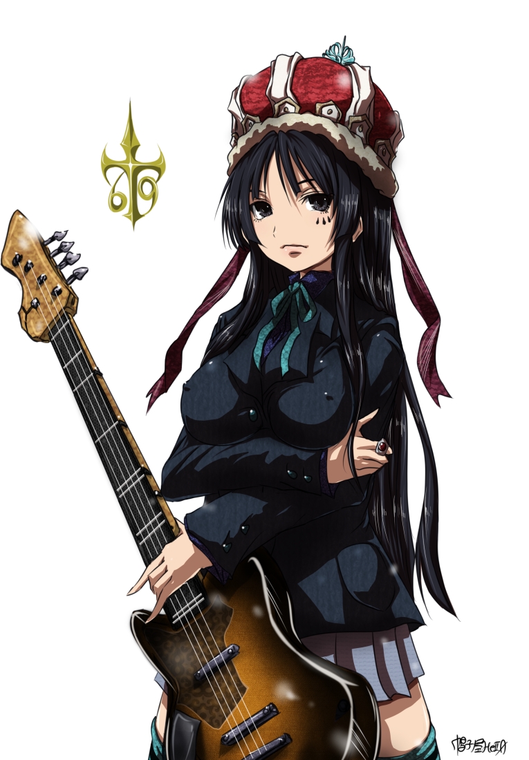 madhatter hello, akiyama mio, k-on!, bad id, bad pixiv id, 00s, 1girl, bass guitar, black eyes, black hair, breasts, covered erect nipples, crown, facepaint, female focus, guitar, instrument, large breasts, long hair, school uniform, simple background, solo, striped clothes, striped thighhighs, thighhighs