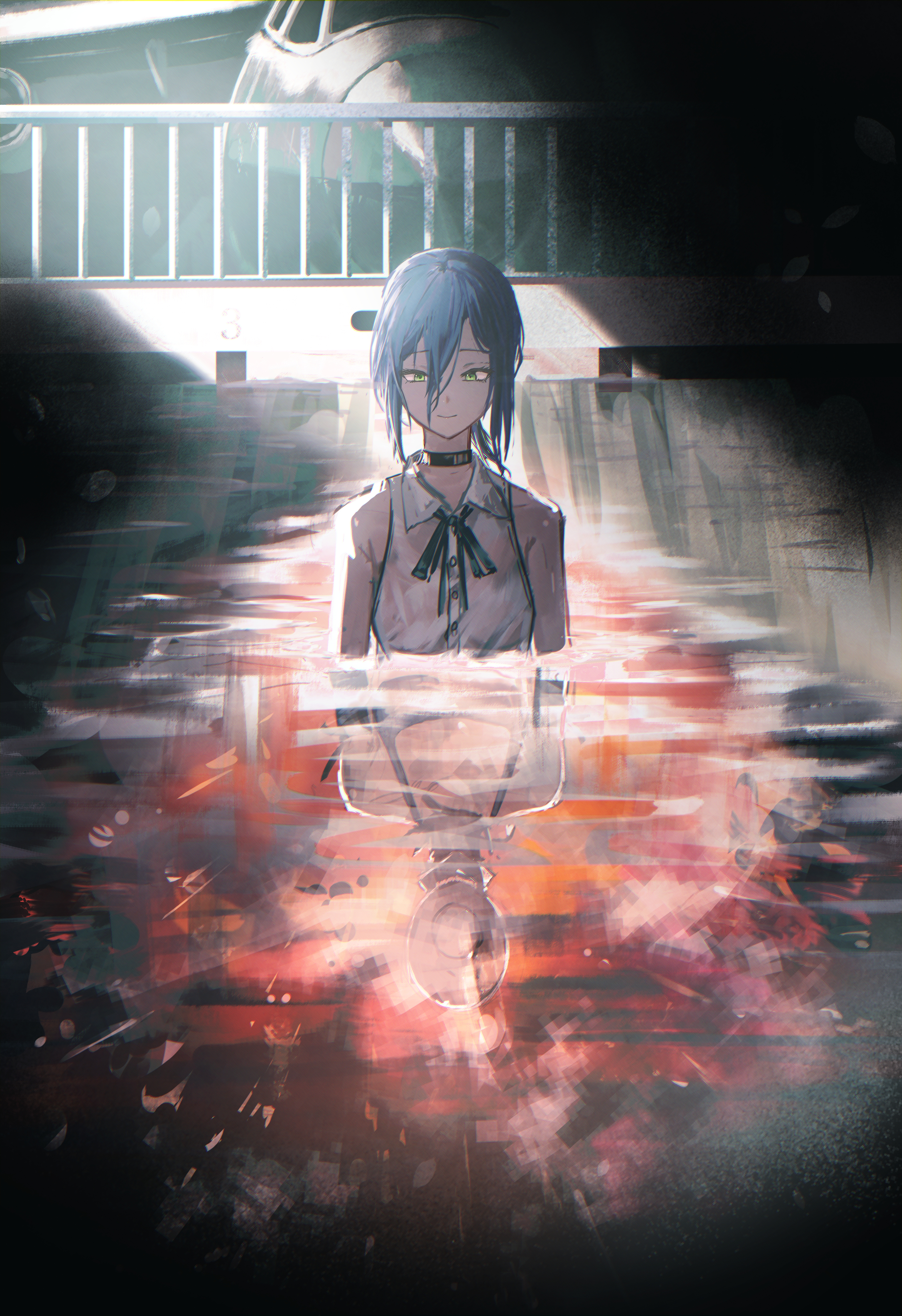 cokei, bomb devil (chainsaw man), reze (chainsaw man), chainsaw man, absurdres, highres, 1girl, black choker, black ribbon, blue hair, choker, closed mouth, collared shirt, different reflection, green eyes, hair between eyes, neck ribbon, partially submerged, railing, reflection, ribbon, shirt, sleeveless, sleeveless shirt, solo, white shirt