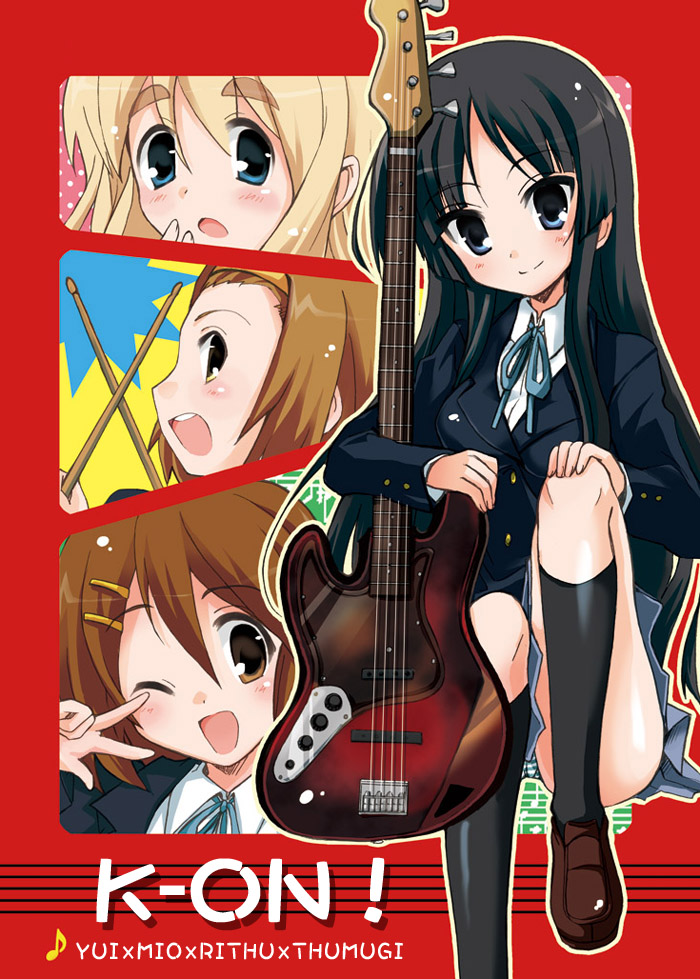 hizuki yayoi, akiyama mio, hirasawa yui, kotobuki tsumugi, tainaka ritsu, k-on!, bad id, bad pixiv id, duplicate, 00s, bass guitar, black eyes, black hair, blonde hair, blue eyes, brown eyes, brown hair, drumsticks, guitar, instrument, long hair, school uniform, v