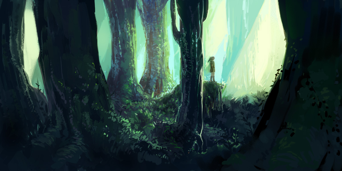 uichi, link, nintendo, the legend of zelda, bad id, bad pixiv id, 1boy, cloak, forest, male focus, nature, outdoors, scenery, solo, standing, tree, wide shot