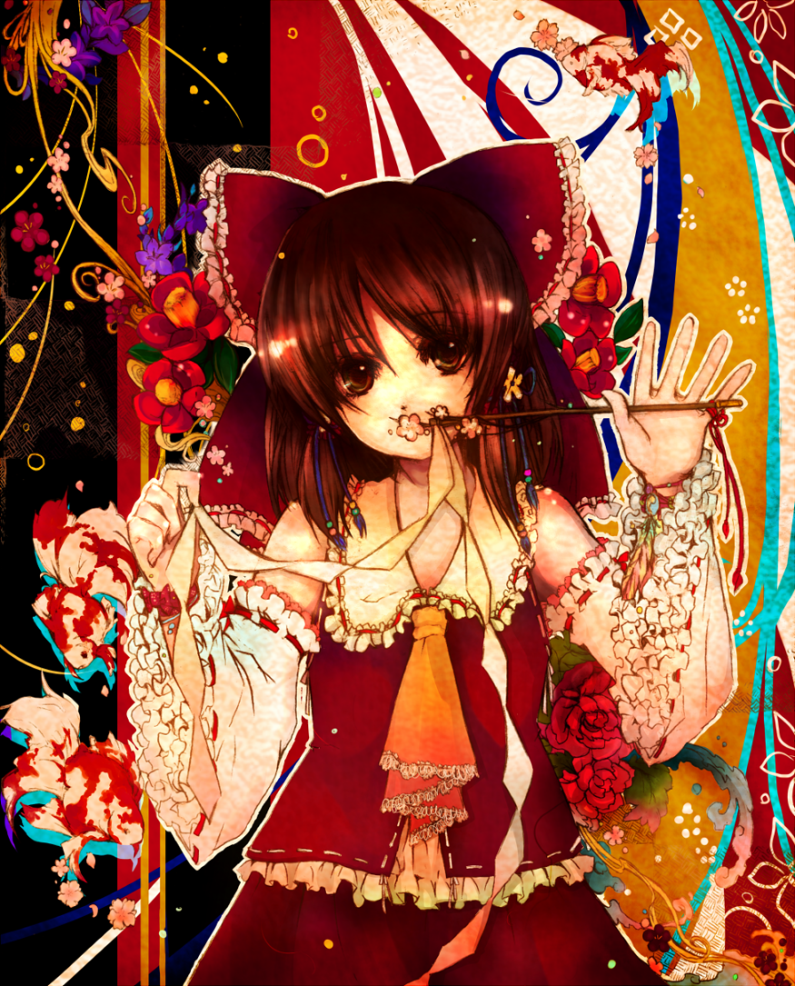 hanada hyou, hakurei reimu, touhou, 1girl, :d, ascot, blush, brown eyes, brown hair, detached sleeves, female focus, gohei, long sleeves, looking at viewer, open mouth, red skirt, skirt, smile, solo, tareme, upper body, vest, wand