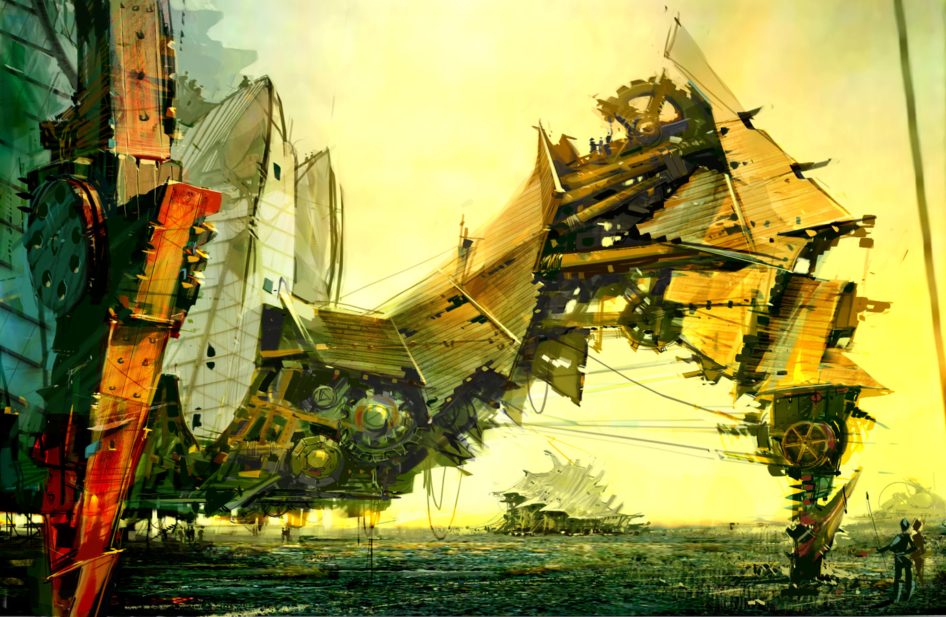 dociu, guild wars (series), guild wars 1, bad id, bad pixiv id, clock, gears, landscape, legs, machine, mecha, non-humanoid robot, robot, steampunk, walker (robot)