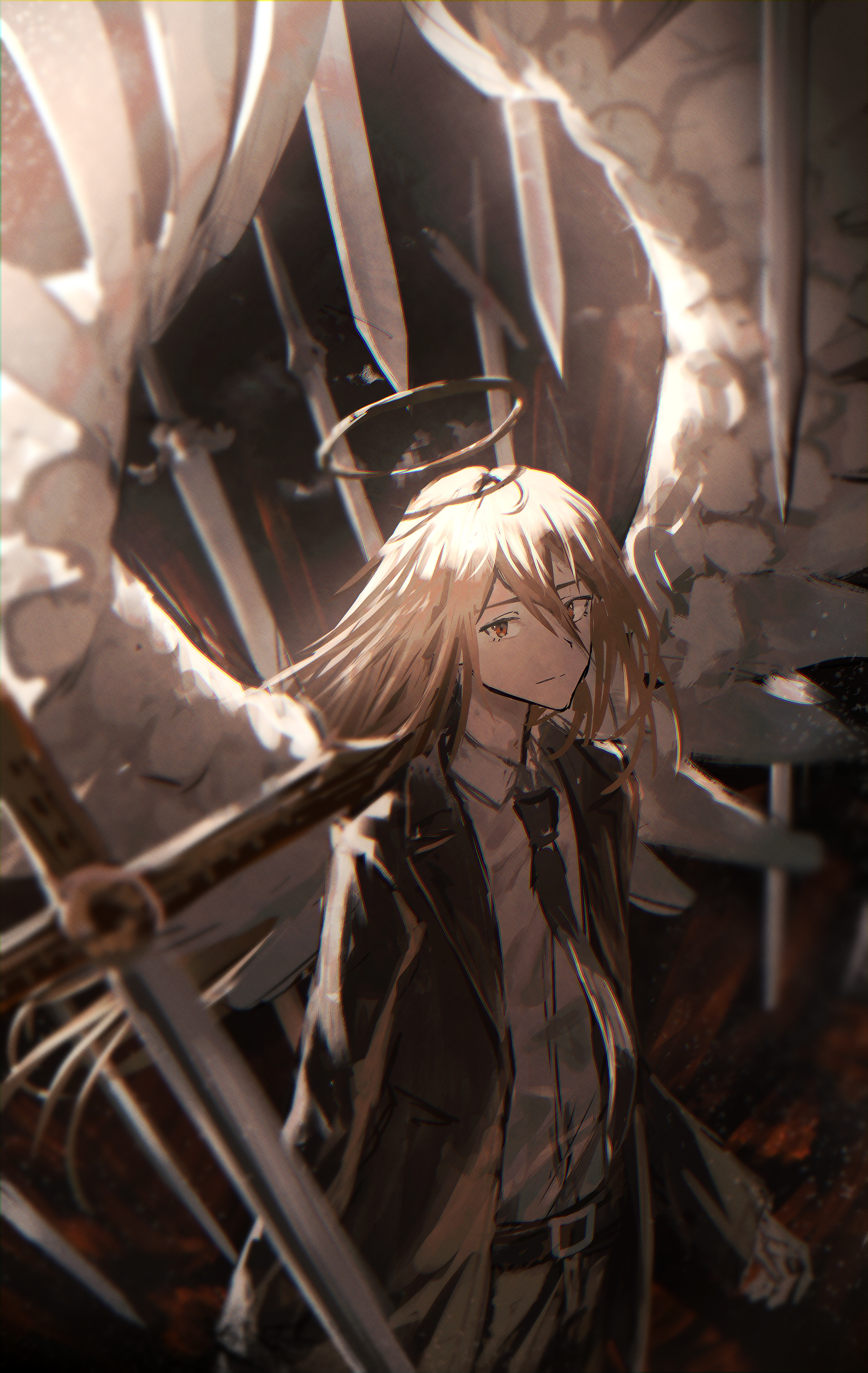cokei, angel devil (chainsaw man), chainsaw man, absurdres, highres, 1boy, angel wings, belt, black belt, black halo, black jacket, black necktie, brown eyes, brown hair, closed mouth, collared shirt, hair between eyes, halo, jacket, long hair, long hair between eyes, looking at viewer, male focus, necktie, shirt, solo, suit jacket, sword, weapon, white shirt, wings