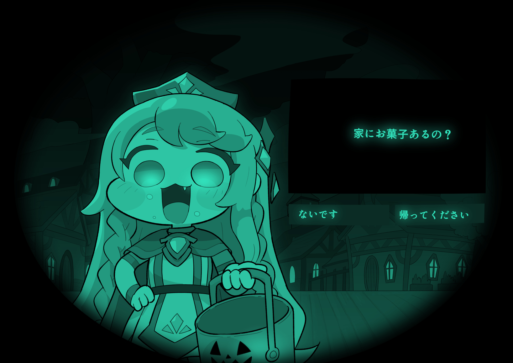 erpin (trickcal), no i'm not a human, trickcal, highres, translation request, 1girl, :3, blush stickers, braid, bucket, building, cape, dialogue options, dress, fang, feet out of frame, food, food on face, halloween, halloween bucket, hand on own hip, holding, holding bucket, kukuru (kukuru sub bp77), long hair, looking at viewer, night vision, open mouth, parody, pov peephole, raised eyebrows, side braids, smile, solo, standing, tiara, town, trick or treat