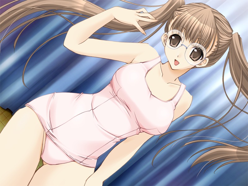 kazahana, nogiwa shouko, engeki club, game cg, source request, 1girl, brown eyes, brown hair, dutch angle, female focus, glasses, hip focus, long hair, one-piece swimsuit, pink one-piece swimsuit, school swimsuit, solo, swimsuit, twintails, wide hips