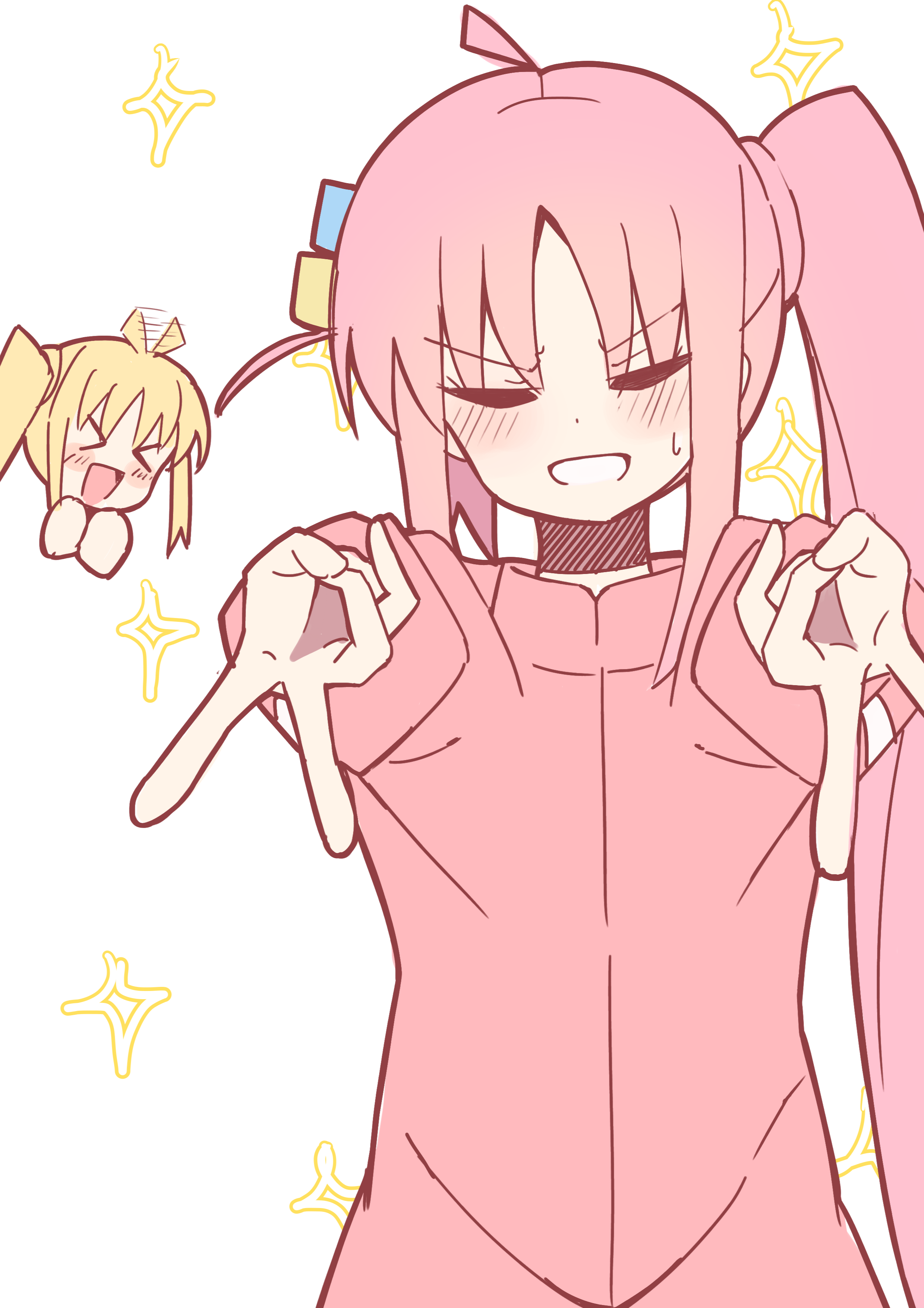 nuuji nuge, gotoh hitori, ijichi nijika, bocchi the rock!, absurdres, commentary request, highres, > <, 2girls, ahoge, blonde hair, blush, choppy bangs, closed eyes, dot nose, double v, grimace, hair wagging, hands up, jacket, long hair, long sleeves, multiple girls, open mouth, pink hair, pink jacket, side ponytail, simple background, smile, solo focus, sweat, upper body, v, very long hair, white background